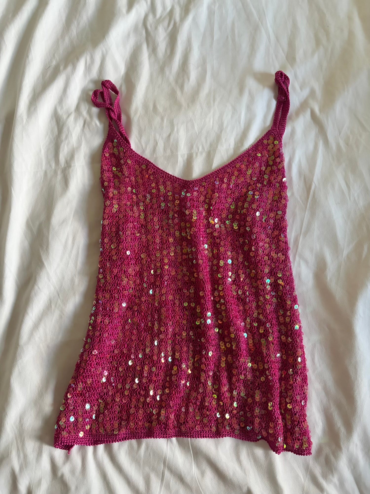 Vintage Y2K cerise pink crochet iridescent sequin cami