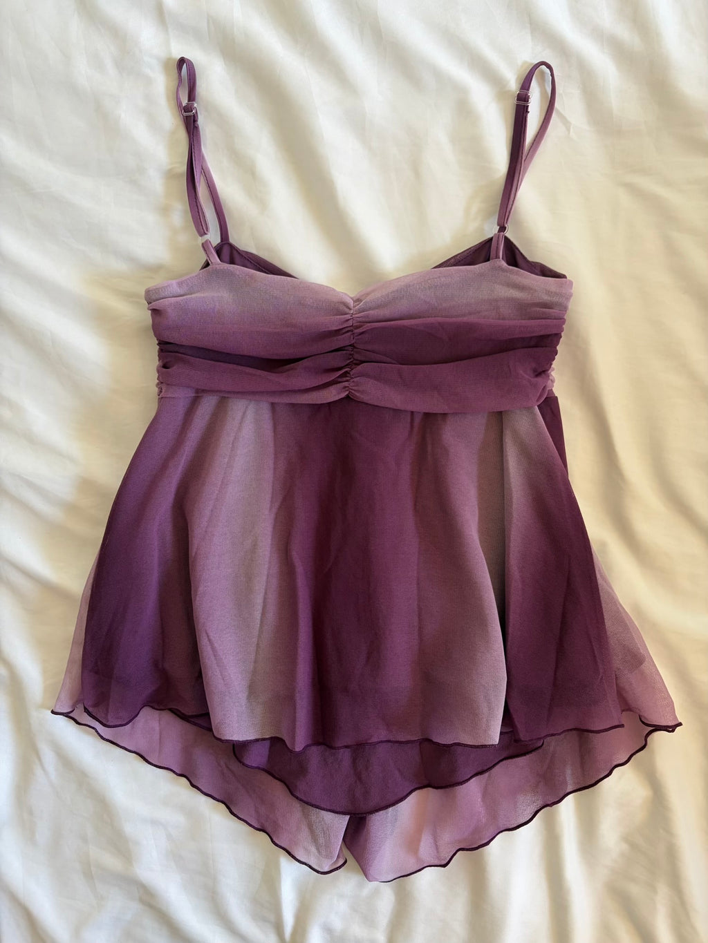 Vintage Y2K Purple Ombre Mesh Cami with Ruched Bust and Asymmetrical Hem