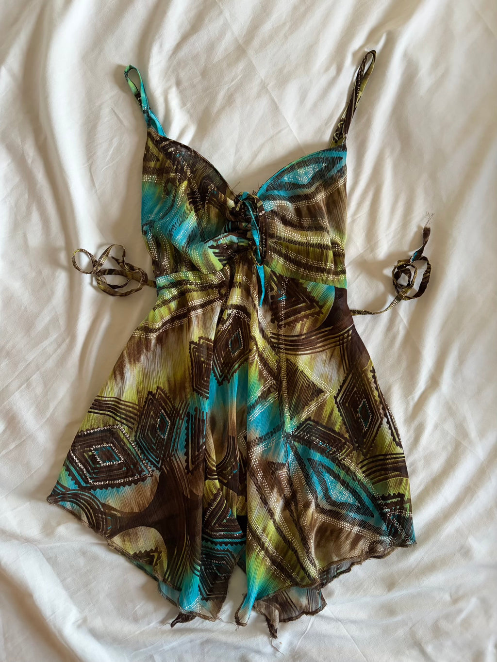 Vintage 1990s French Abstract Tie Back Babydoll Handkerchief Hem Cami