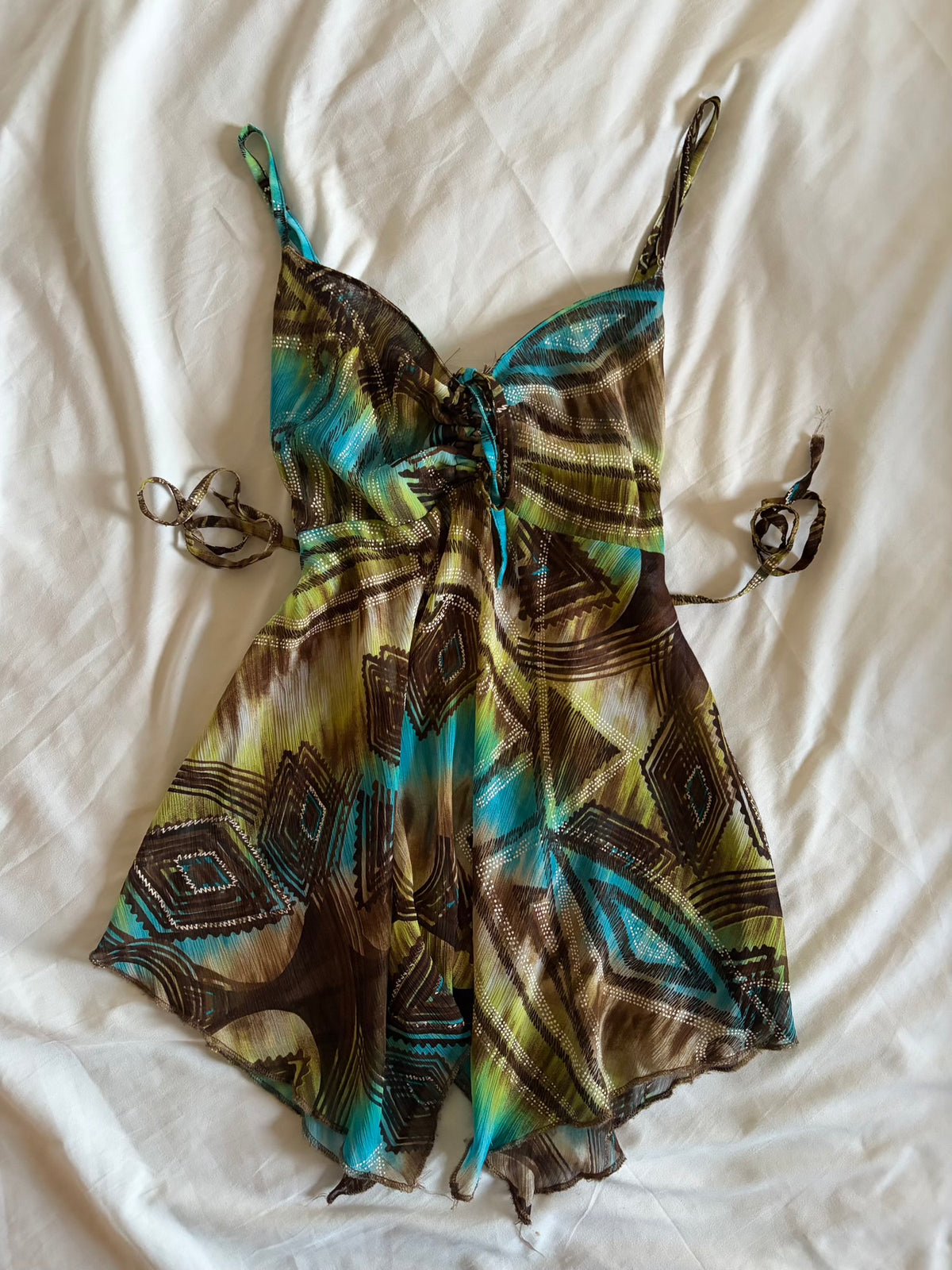 Vintage 1990s French Abstract Tie Back Babydoll Handkerchief Hem Cami