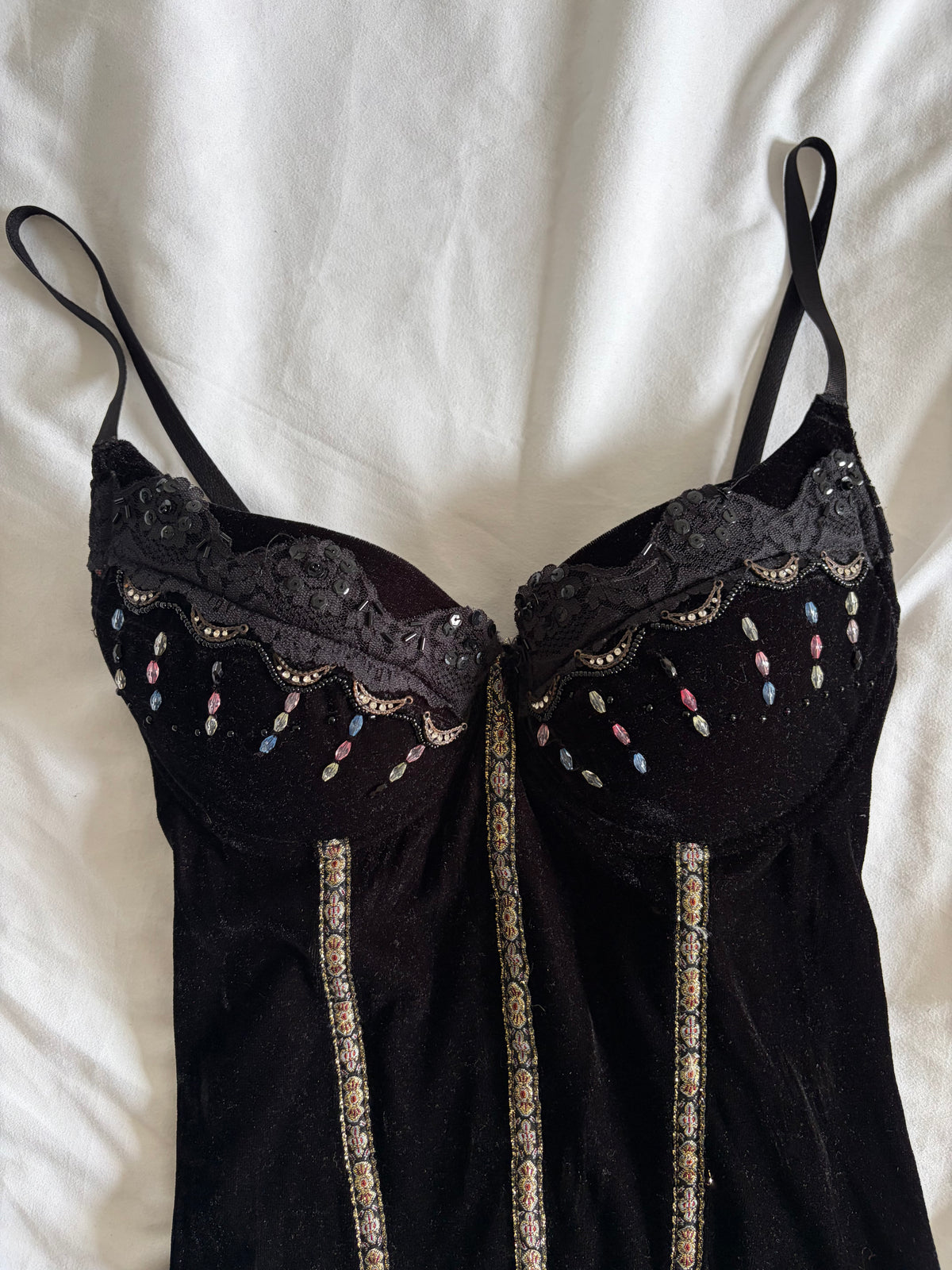 Vintage 1990s French Black Whimsy Sequin Corset Top, UK 12–14