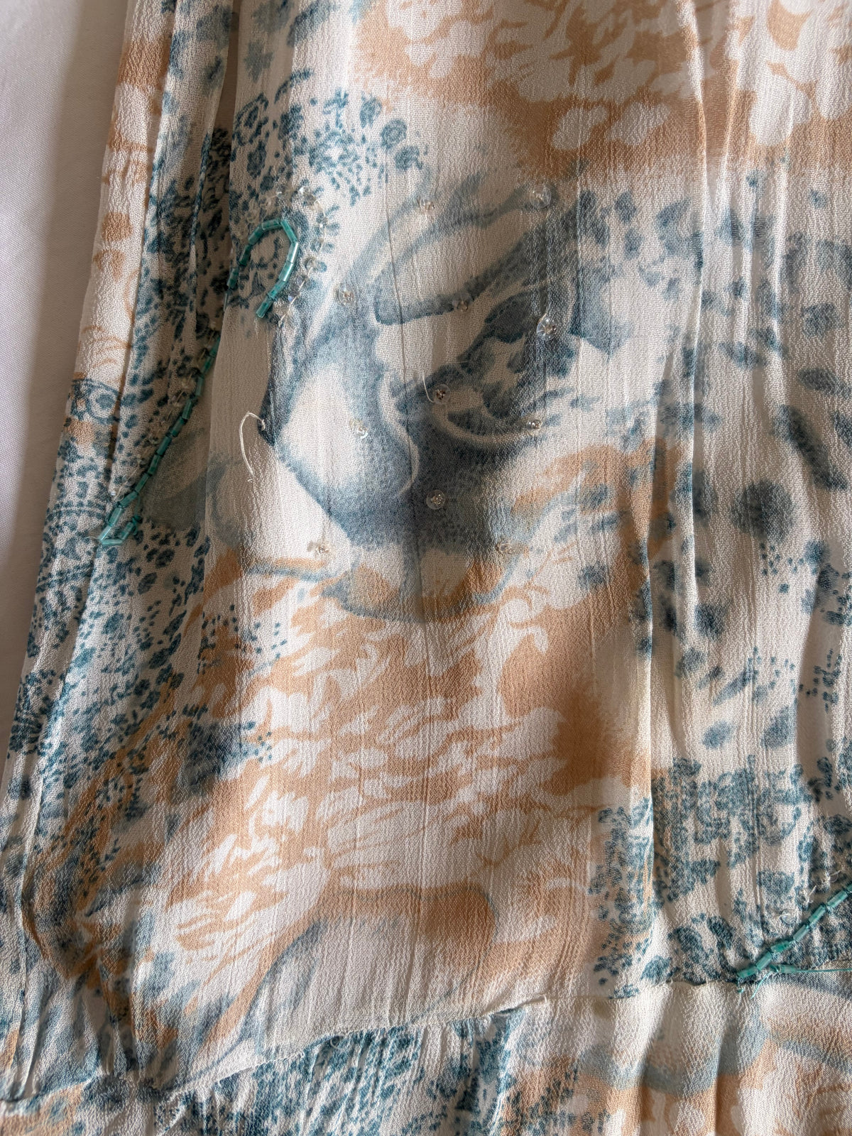Vintage 1990s Pomodoro Champagne and Blue Beaded Asymmetrical Hem Skirt