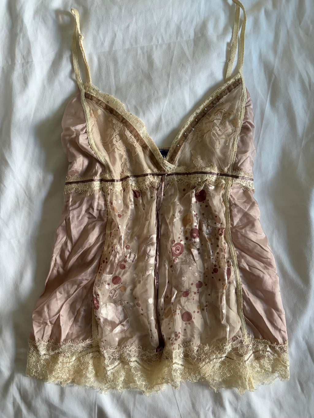 Vintage Y2K romantic fairy cami with lace, ribbon and diamontes and polka dot details