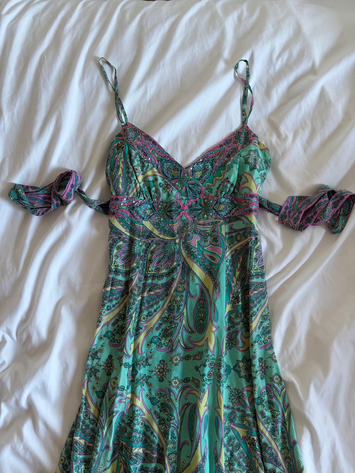 Vintage Y2K paisley silk tie back midi dress with beaded and sequin detail and handkerchief hem