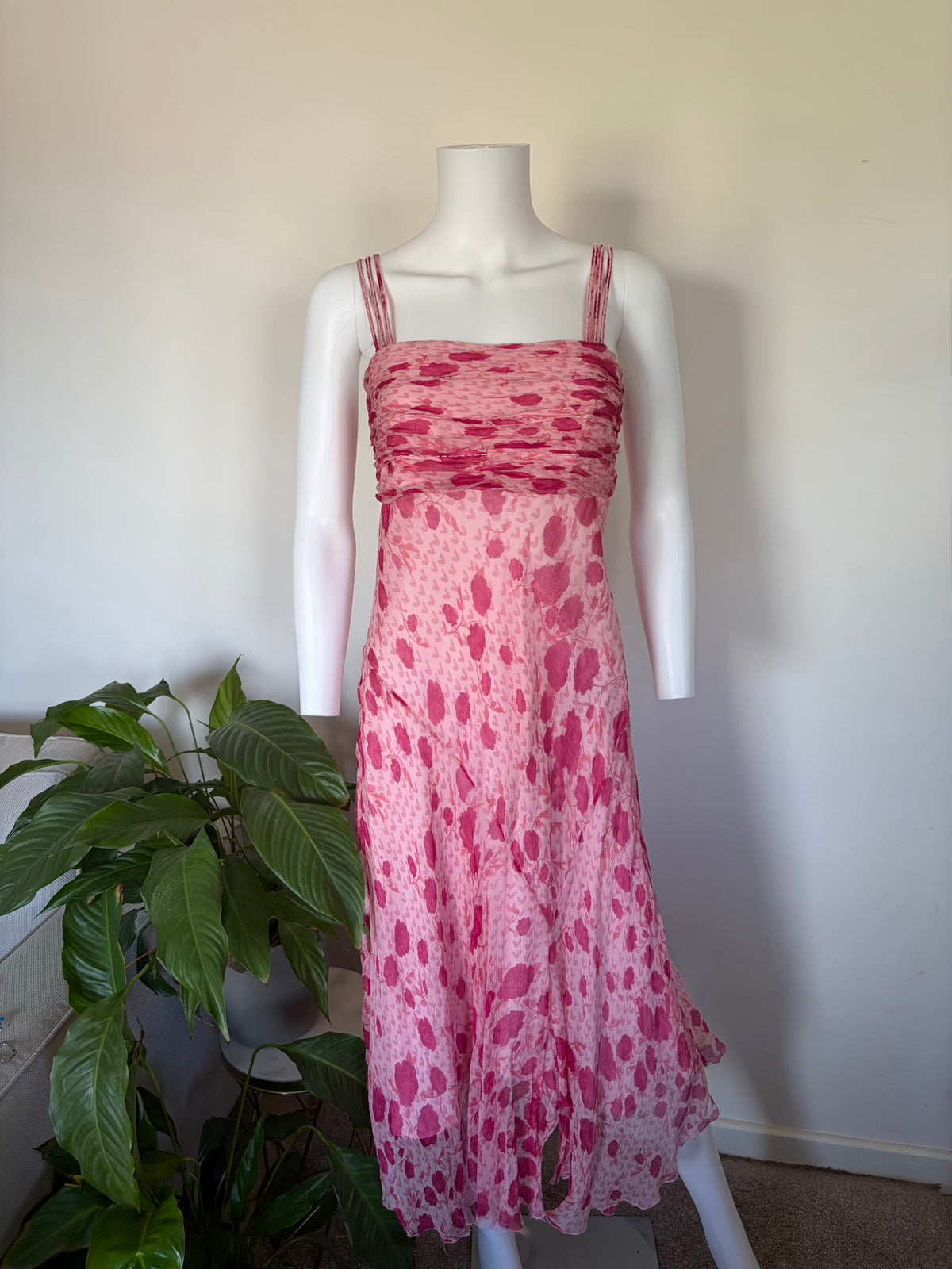 Vintage 2000s Silk Pink Floral Beaded Fairy Dress, Size 8-10