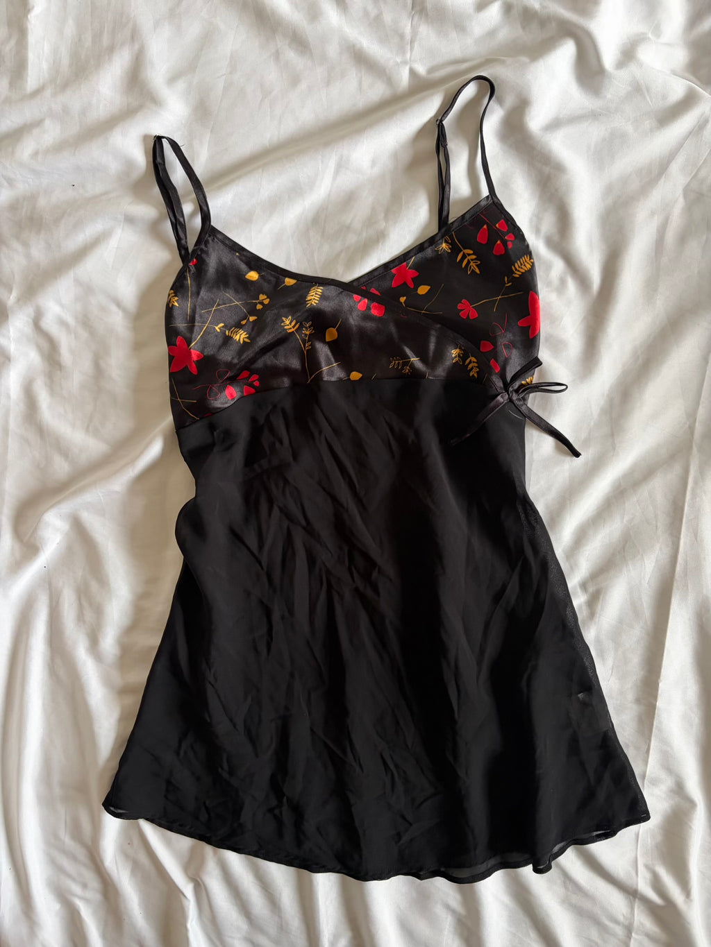 Vintage 1990s Black Baby Doll Cami with Floral Bust Detail