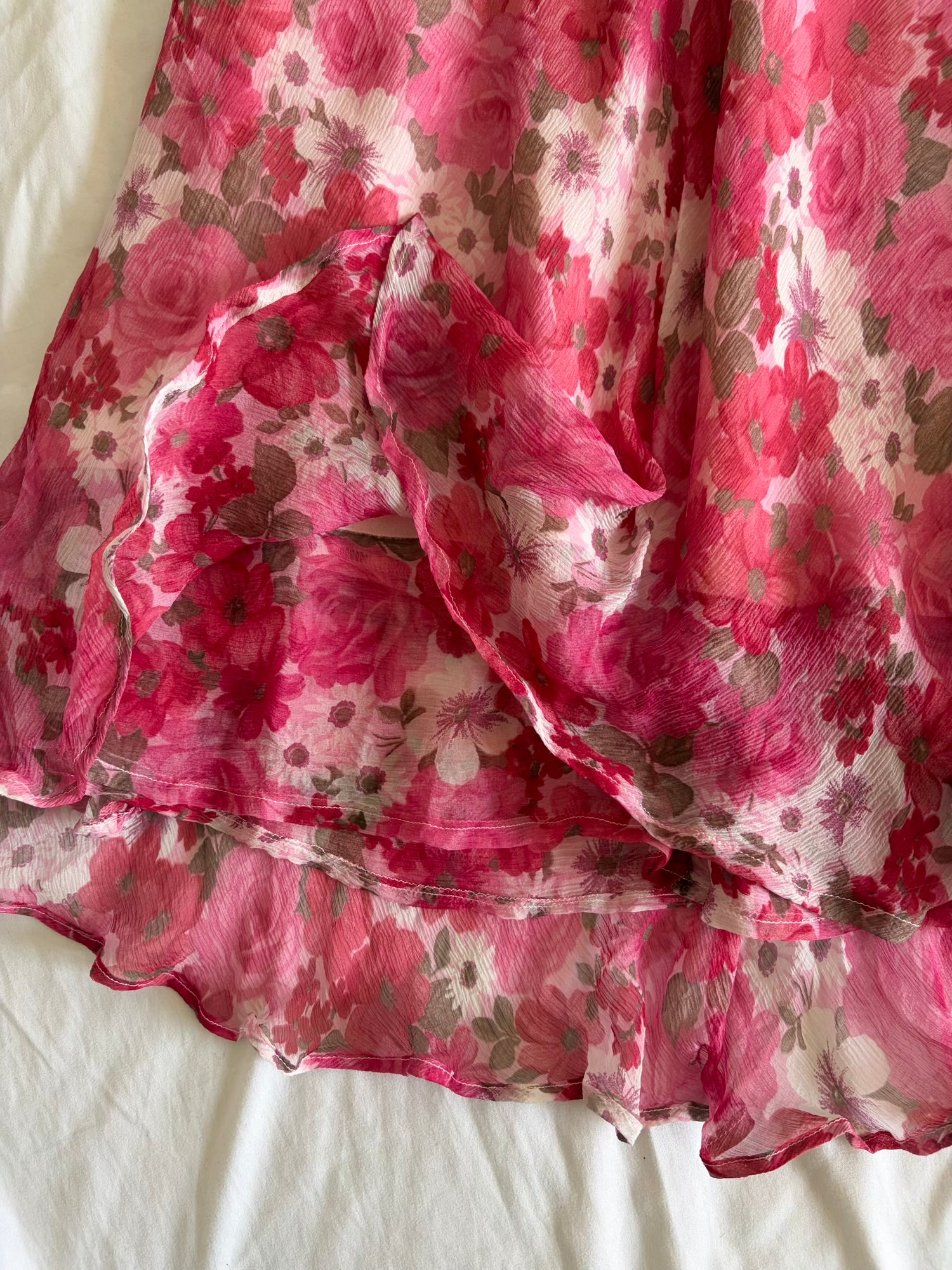 Vintage 1990s Silk Pink and Red Floral Maxi Skirt with Floaty Fairy Hem