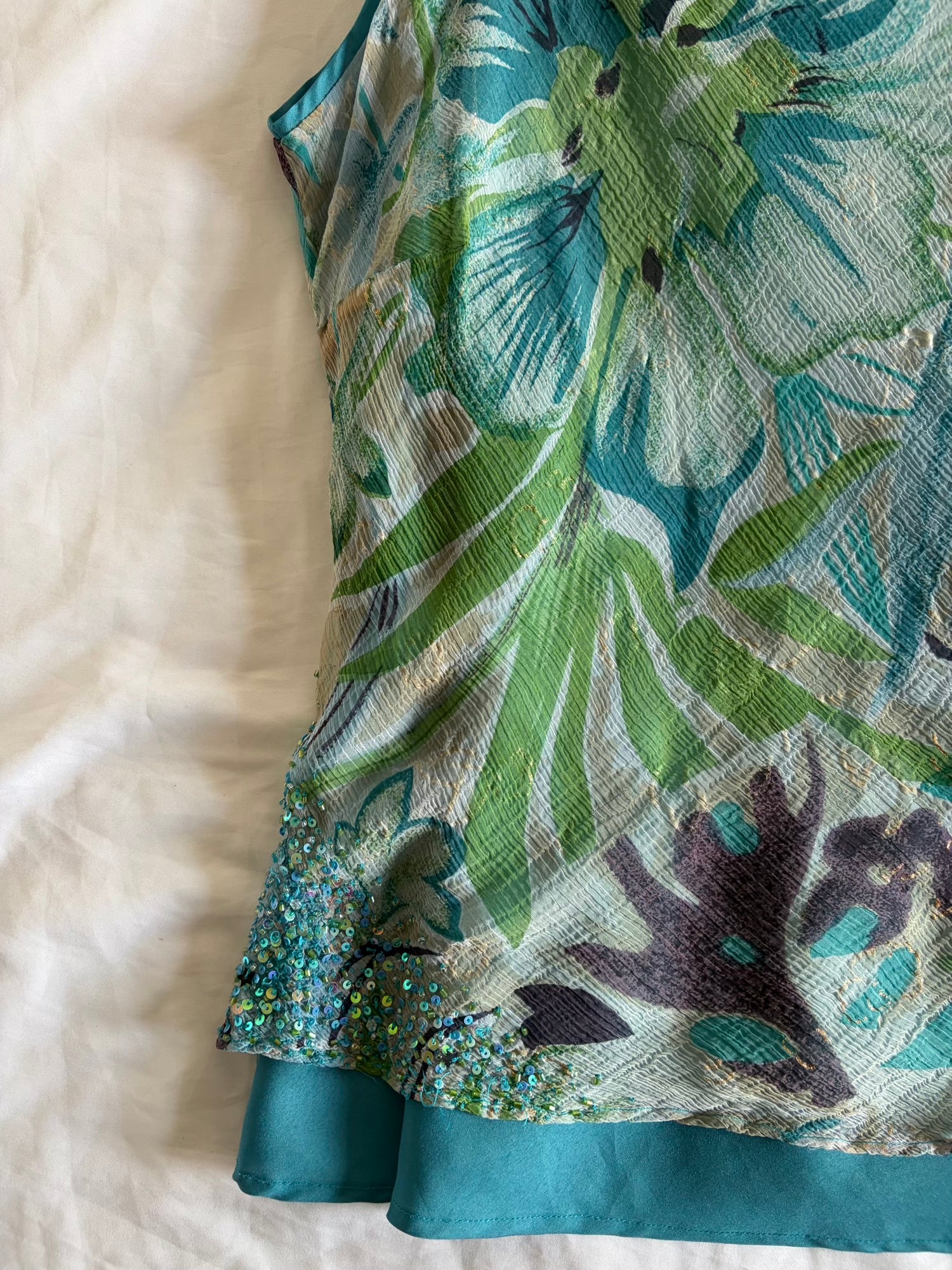 Vintage Y2K Green and Teal Floral Cami with Sequins and Beaded Detail
