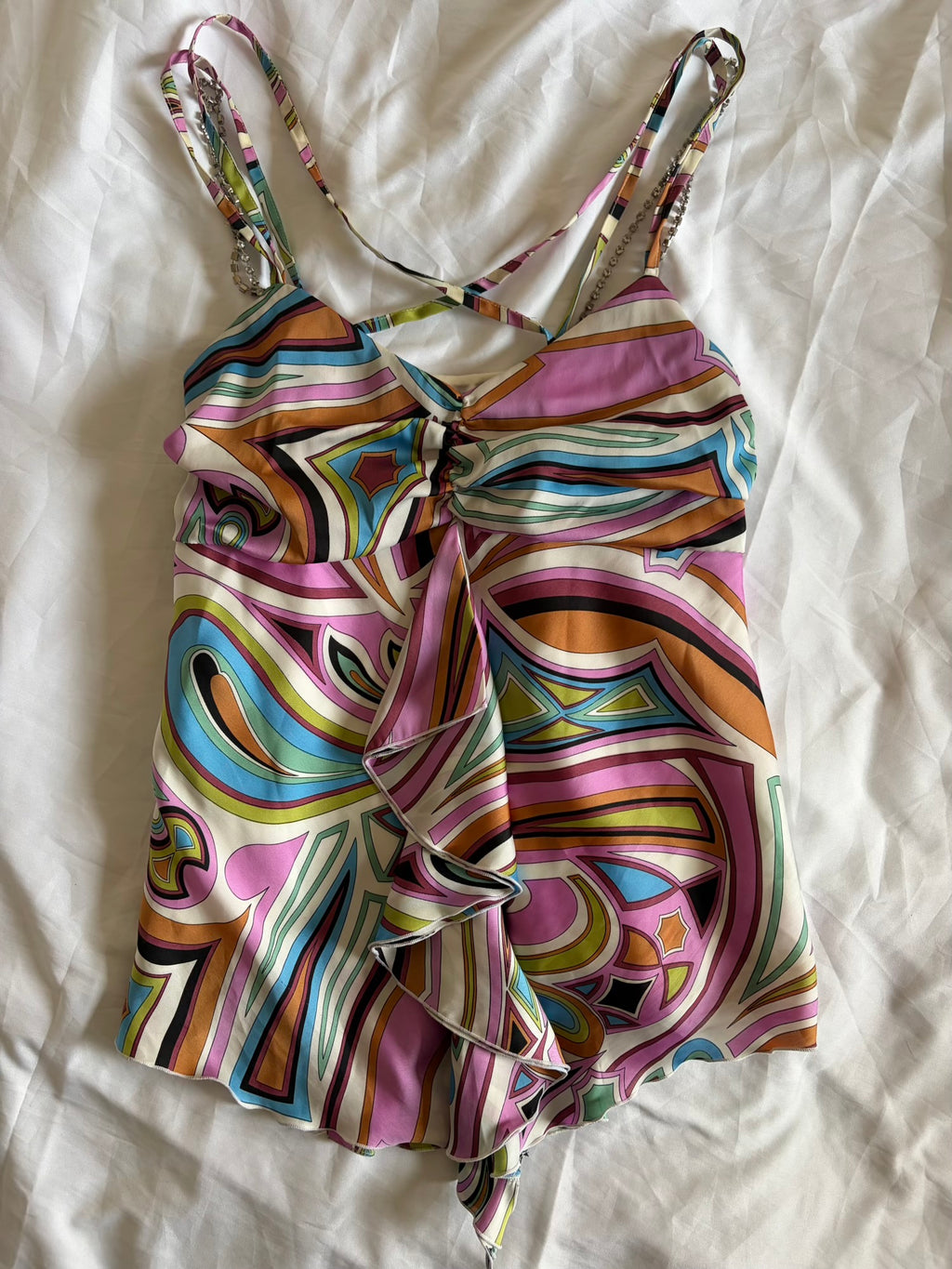 Vintage Y2K Japanese Pucci Inspired Asymmetrical Hem Cami with Diamonte Straps