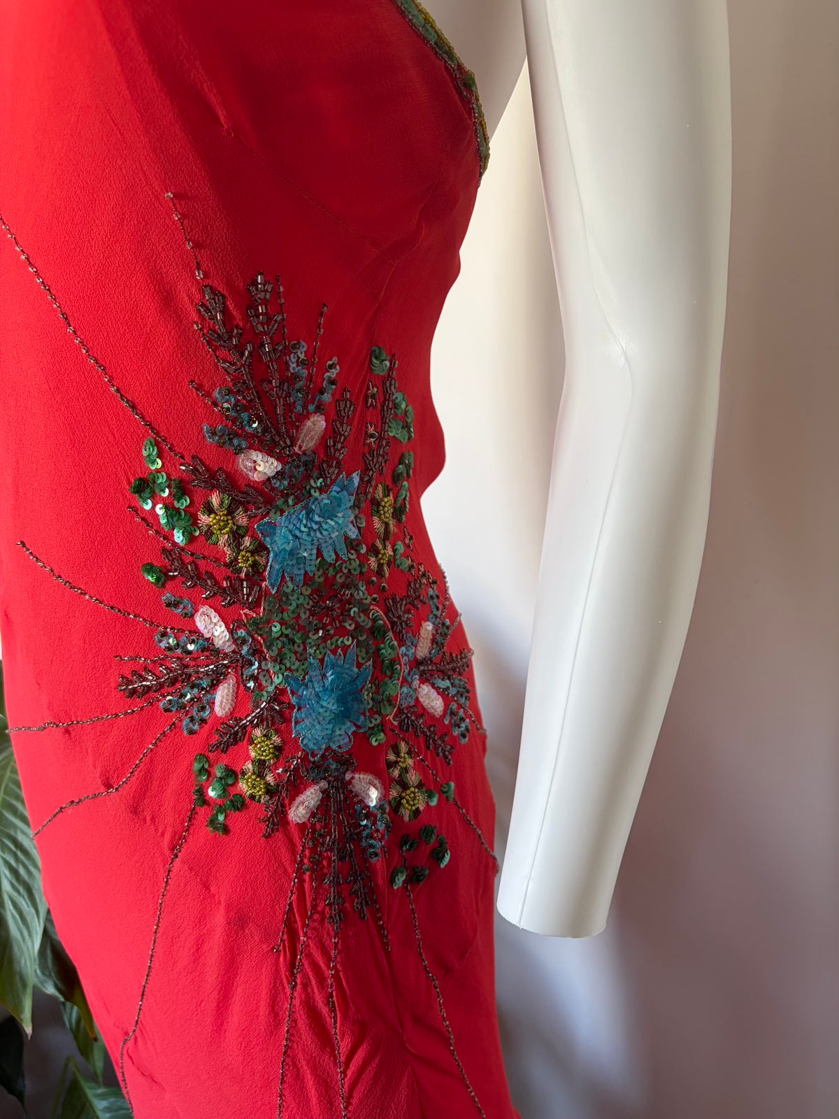 Vintage 2004 Karen Millen Red Silk Asymmetrical Hem Halterneck Dress with Beadwork