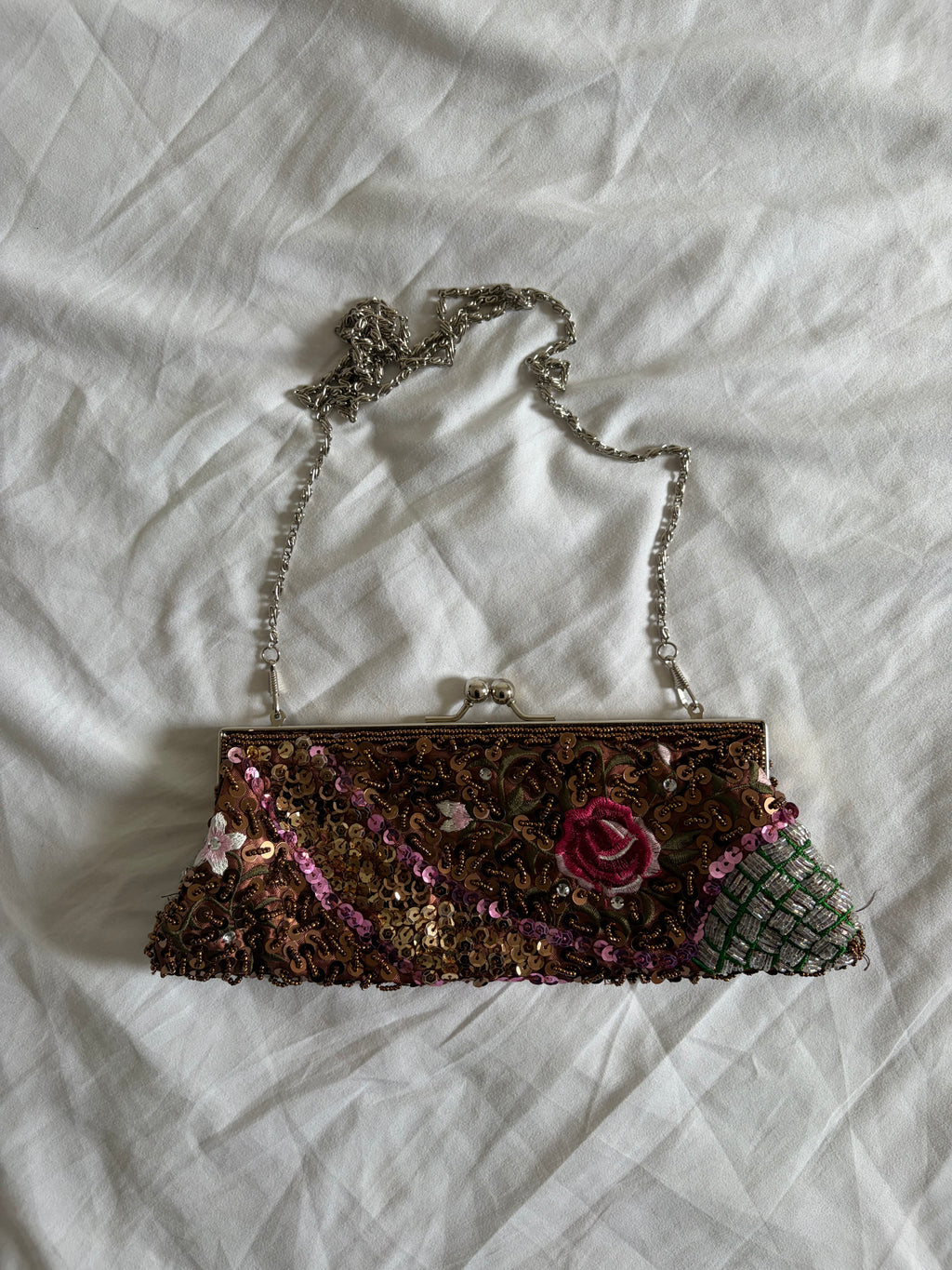 Vintage 1990s Brown Beaded Rose-Embroidered Sequin Bag