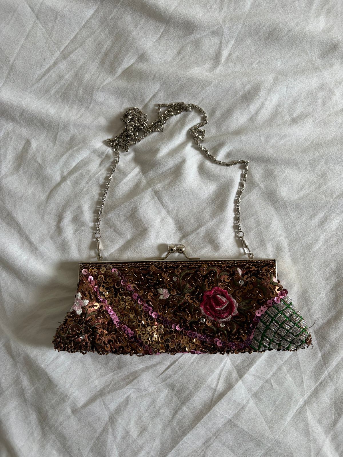 Vintage 1990s Brown Beaded Rose-Embroidered Sequin Bag