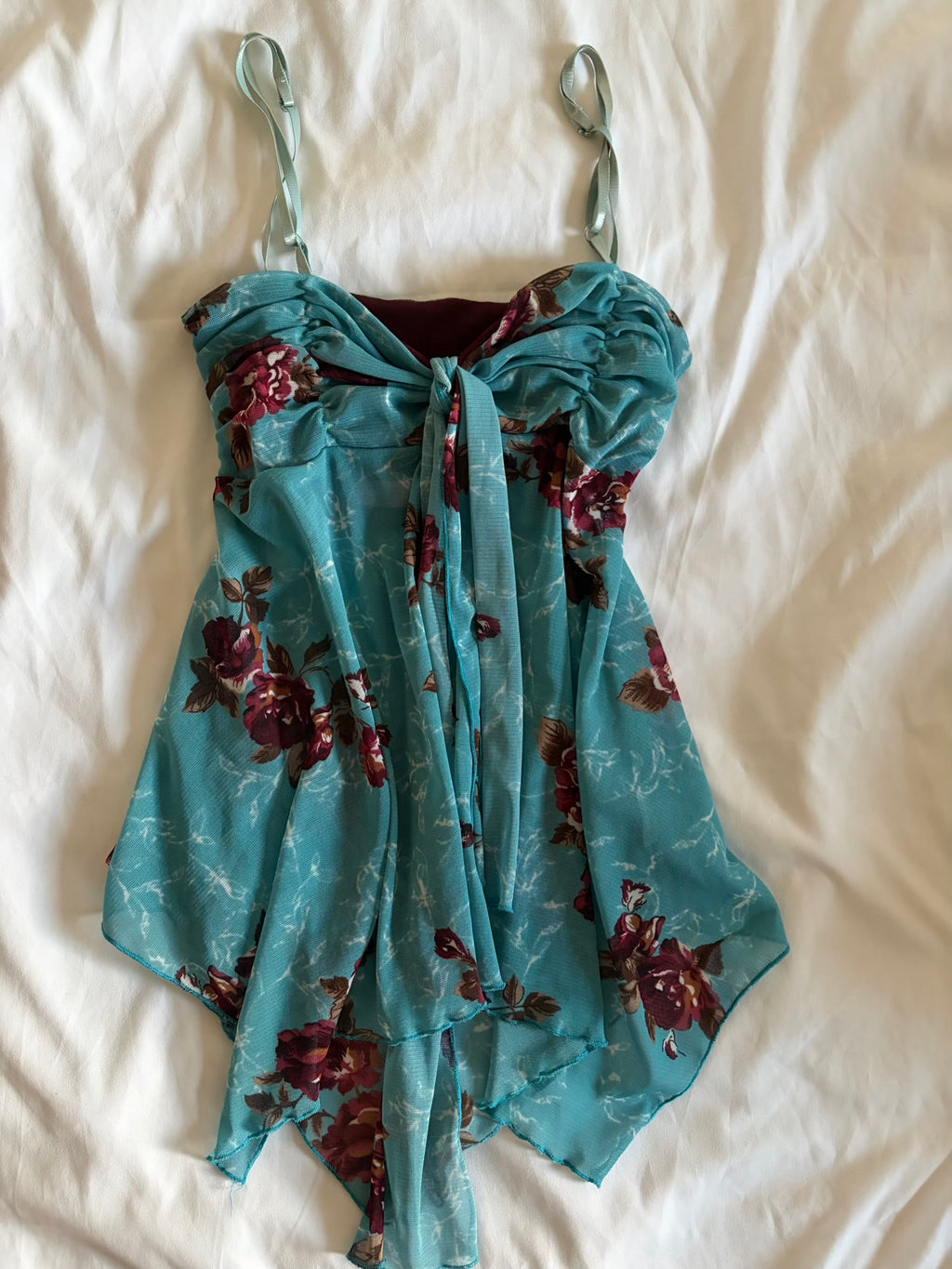 Vintage Y2K mesh floral asymmetrical hem cami with knot tie bust