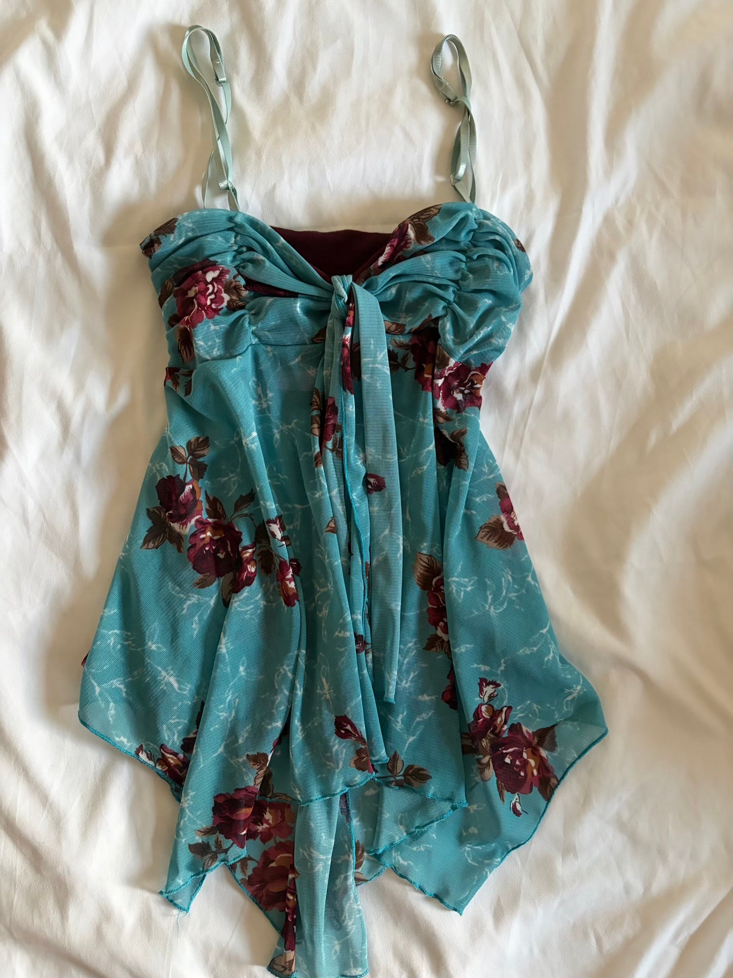 Vintage Y2K mesh floral asymmetrical hem cami with knot tie bust