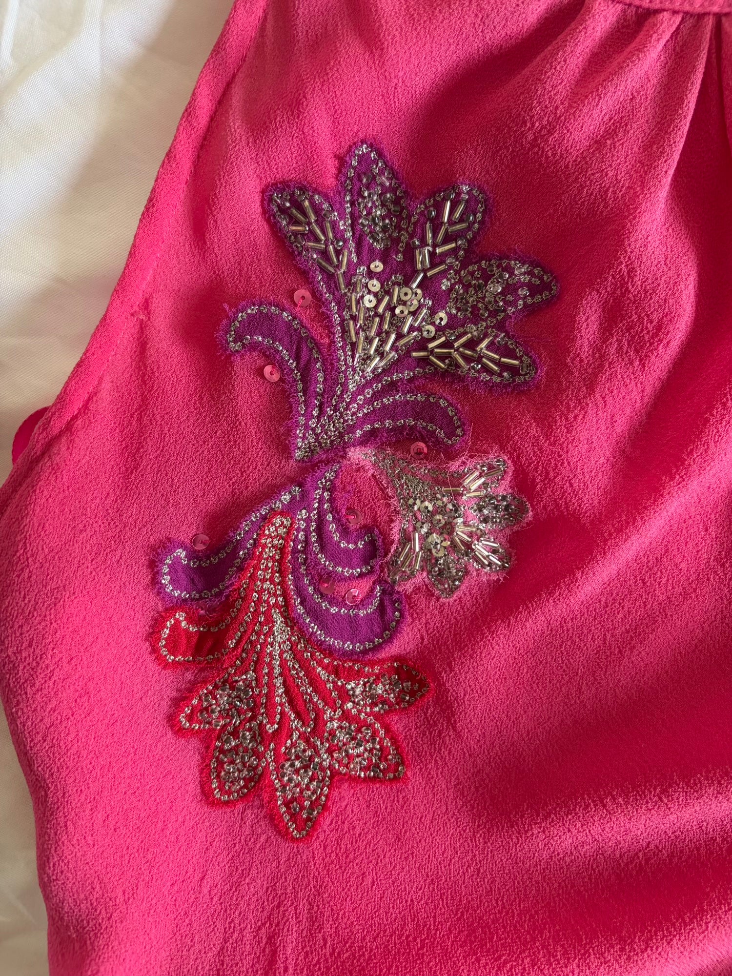 Vintage Y2K Silk Pink Halterneck with Floral Embroidery, Sequins and Beads
