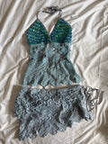 Handmade Turquoise Crochet Backless Halter and Mini Skirt Set