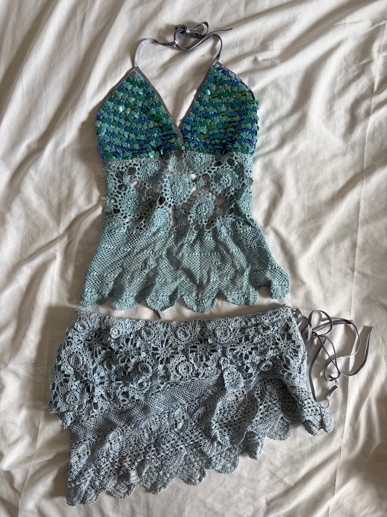 Handmade Turquoise Crochet Backless Halter and Mini Skirt Set