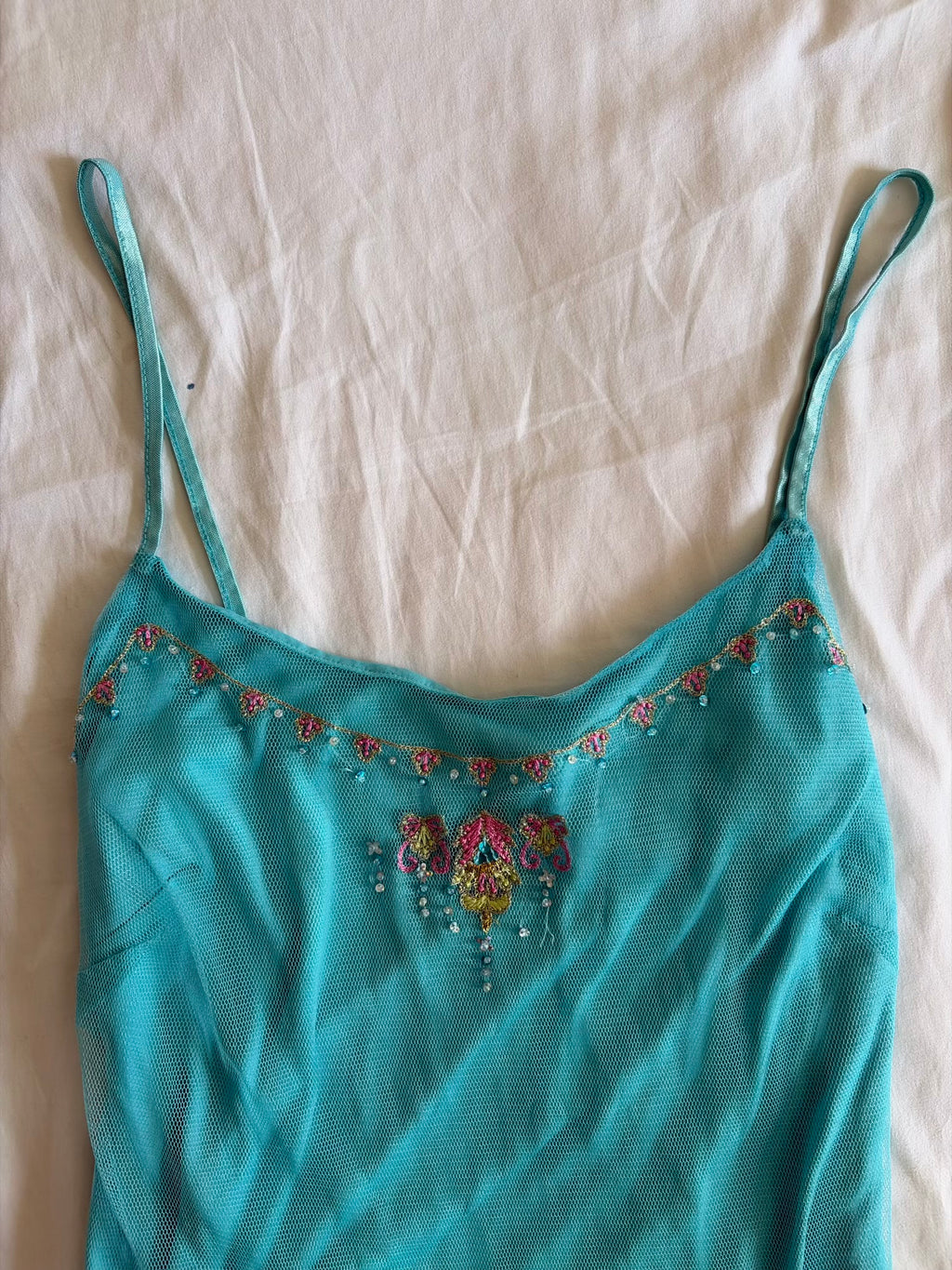Vintage Y2K Teal Turquoise Mesh Cami Overlay with Embroidery Beads and Sequins