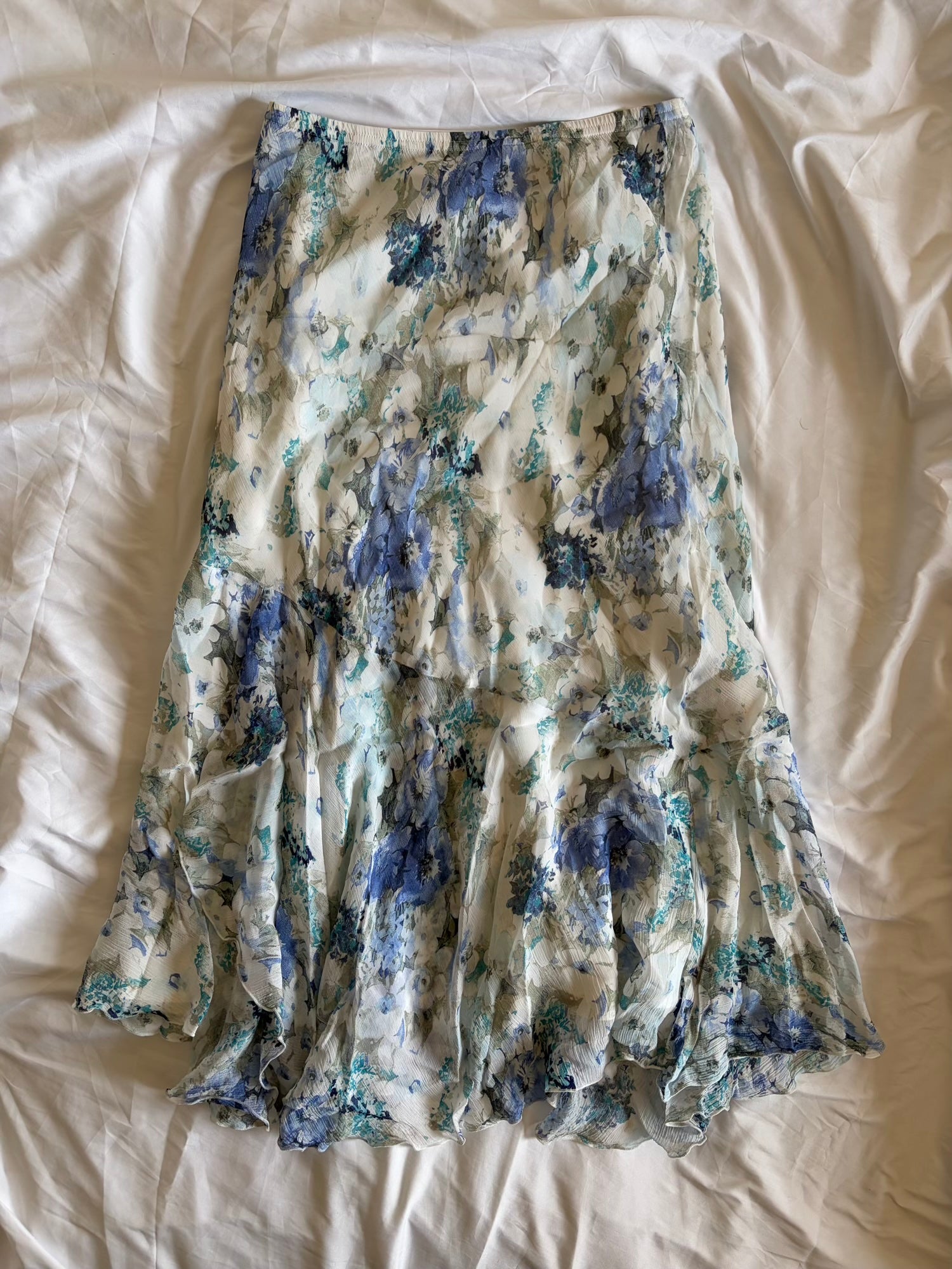 Vintage 1990s Blue and Aqua Paisley and Floral Asymmetrical Hem Fairy Skirt