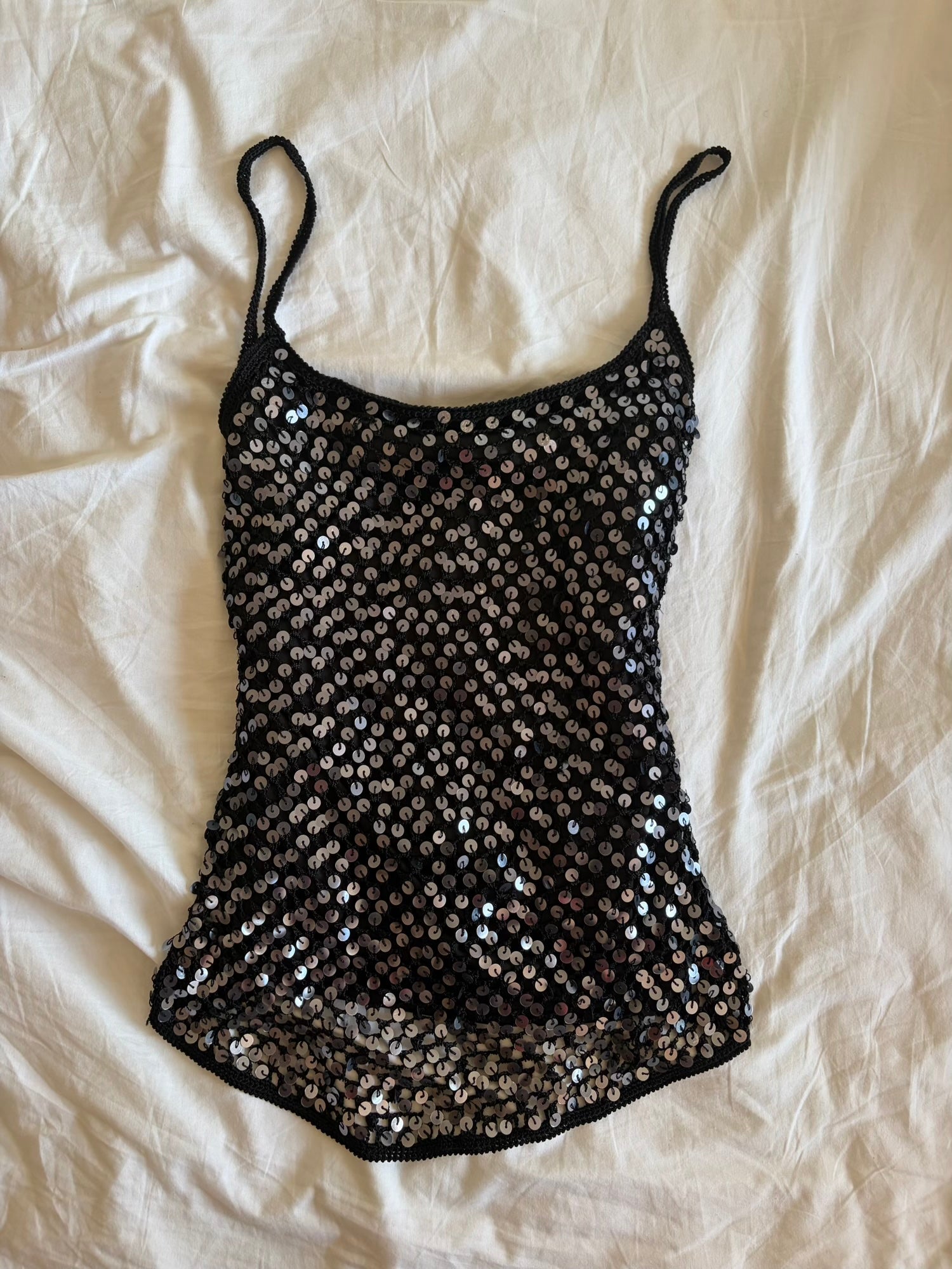 Vintage Y2K black crochet cami with silver sequins and subtle asymmetrical hem