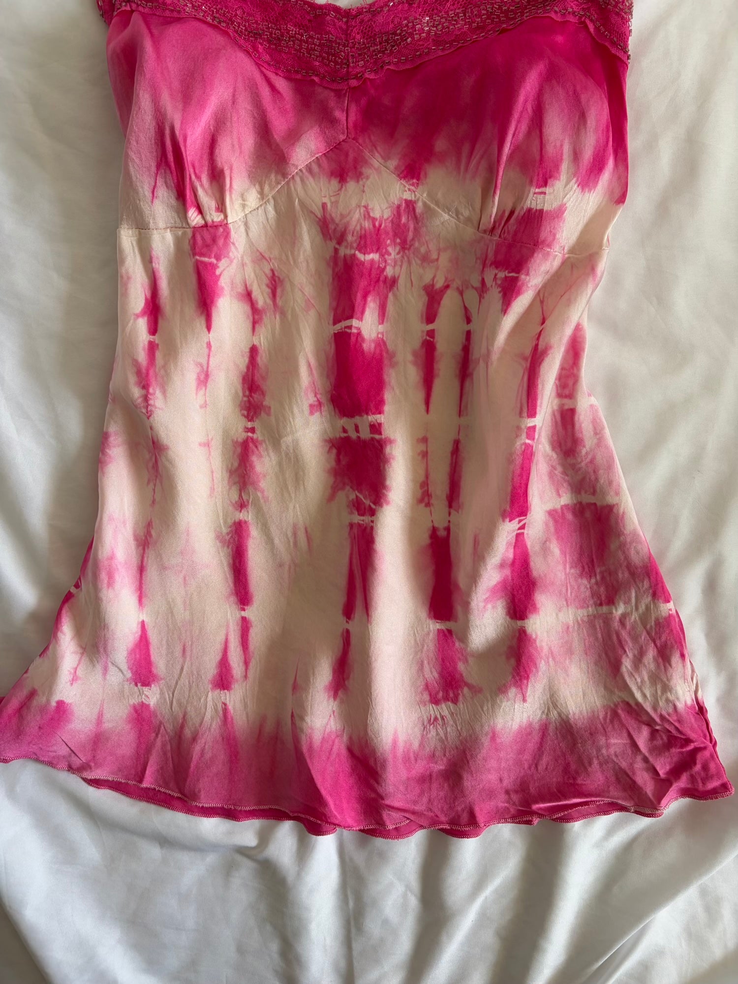 Vintage Y2K Silk Pink and White Tie Dye Beaded Cami
