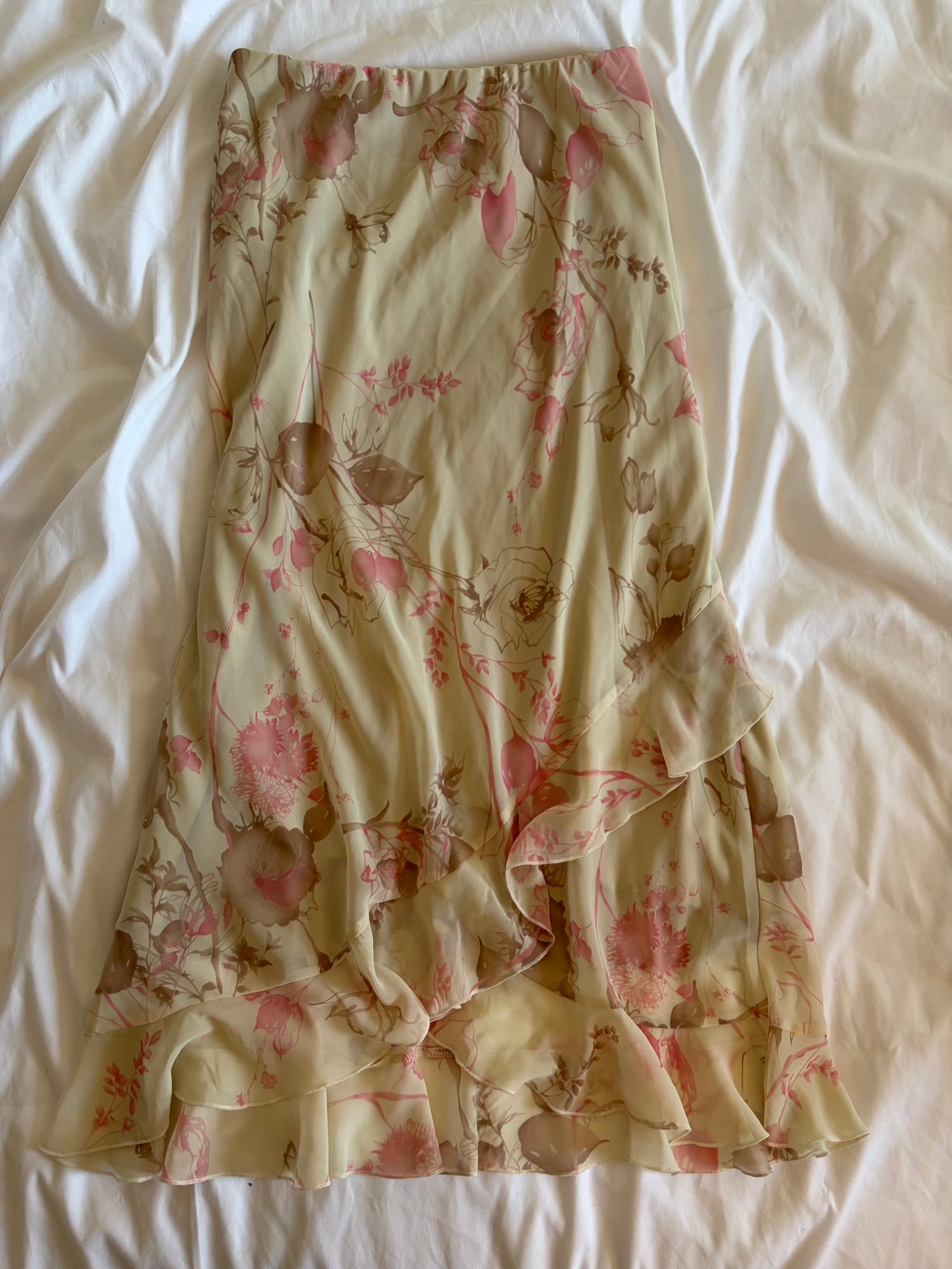 Vintage Y2K double ruffle hem midi skirt with pastel pink floral detail