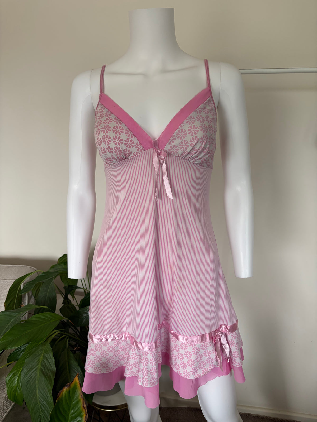 Vintage 2000s Pink Pinstripe and Floral Mini with Mesh Ruffle Hem