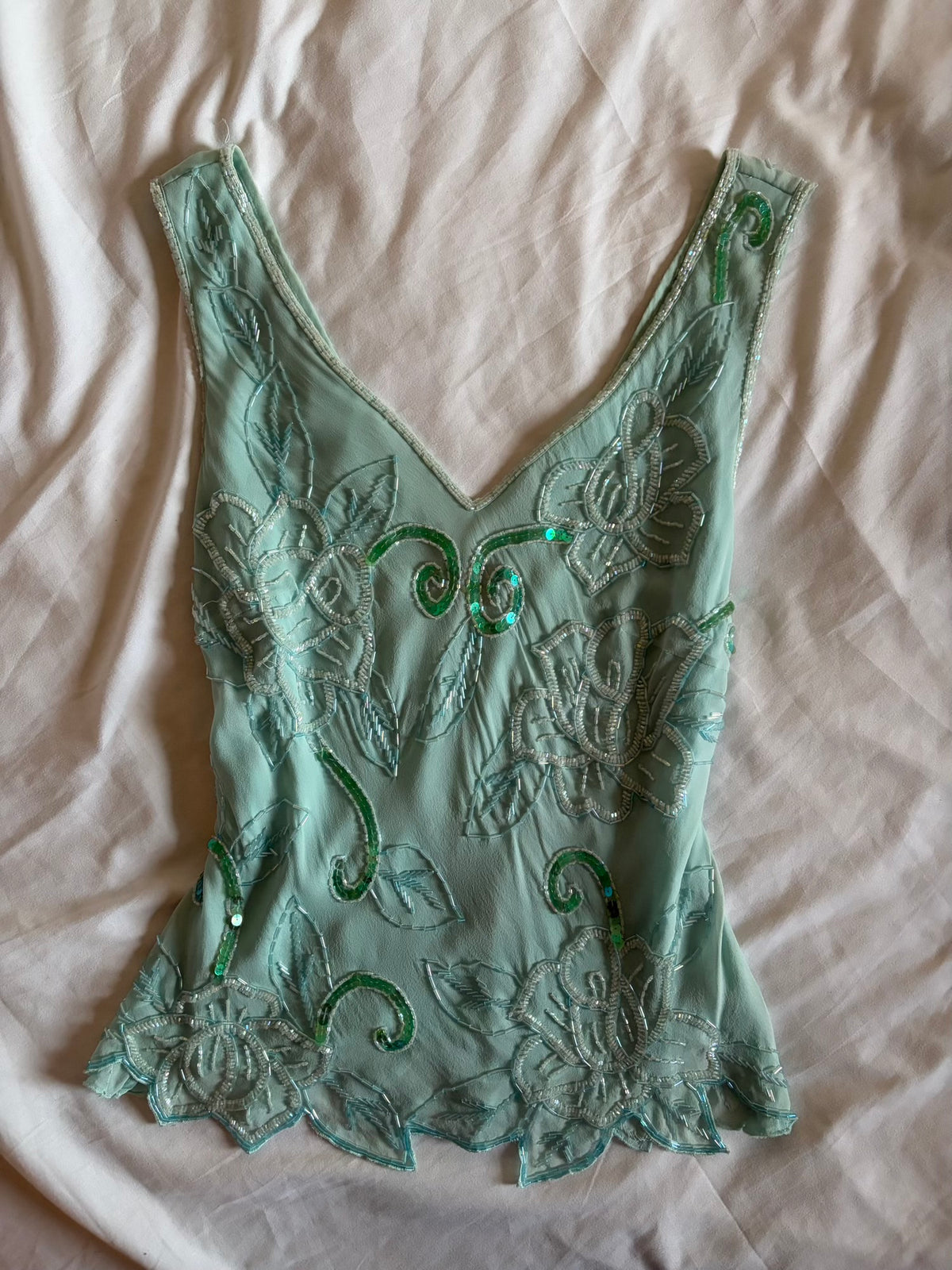 Vintage 2000s Silk Turquoise Heavily Beaded and Sequin Blouse
