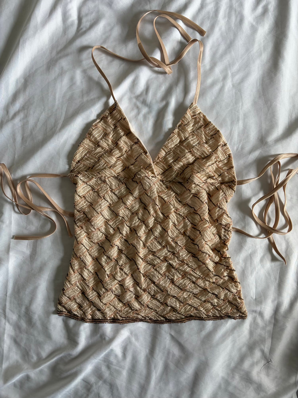 Handmade Backless Beige Cami with Baby Pink and Gun Metal Grey Beads