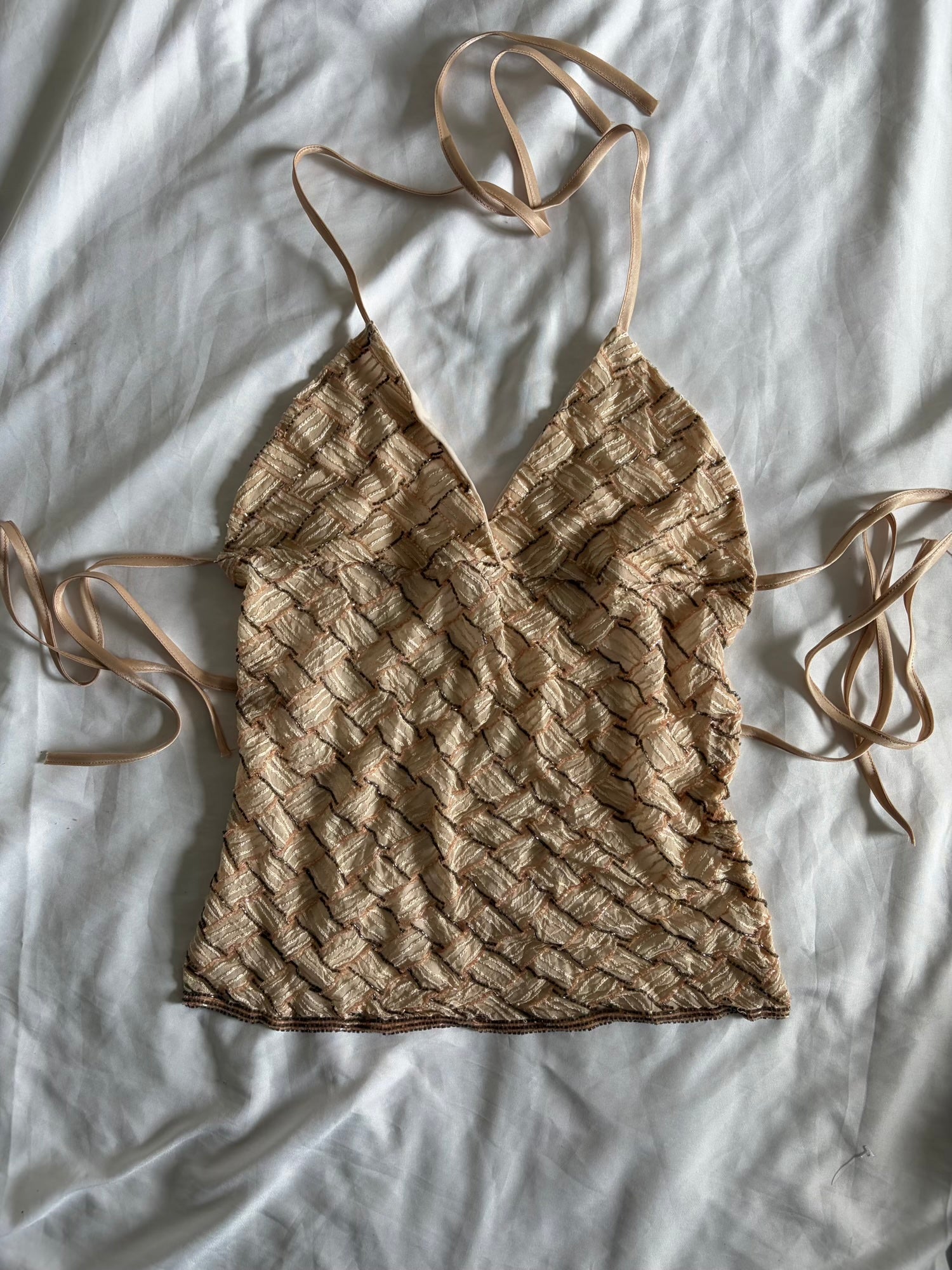 Handmade Backless Beige Cami with Baby Pink and Gun Metal Grey Beads