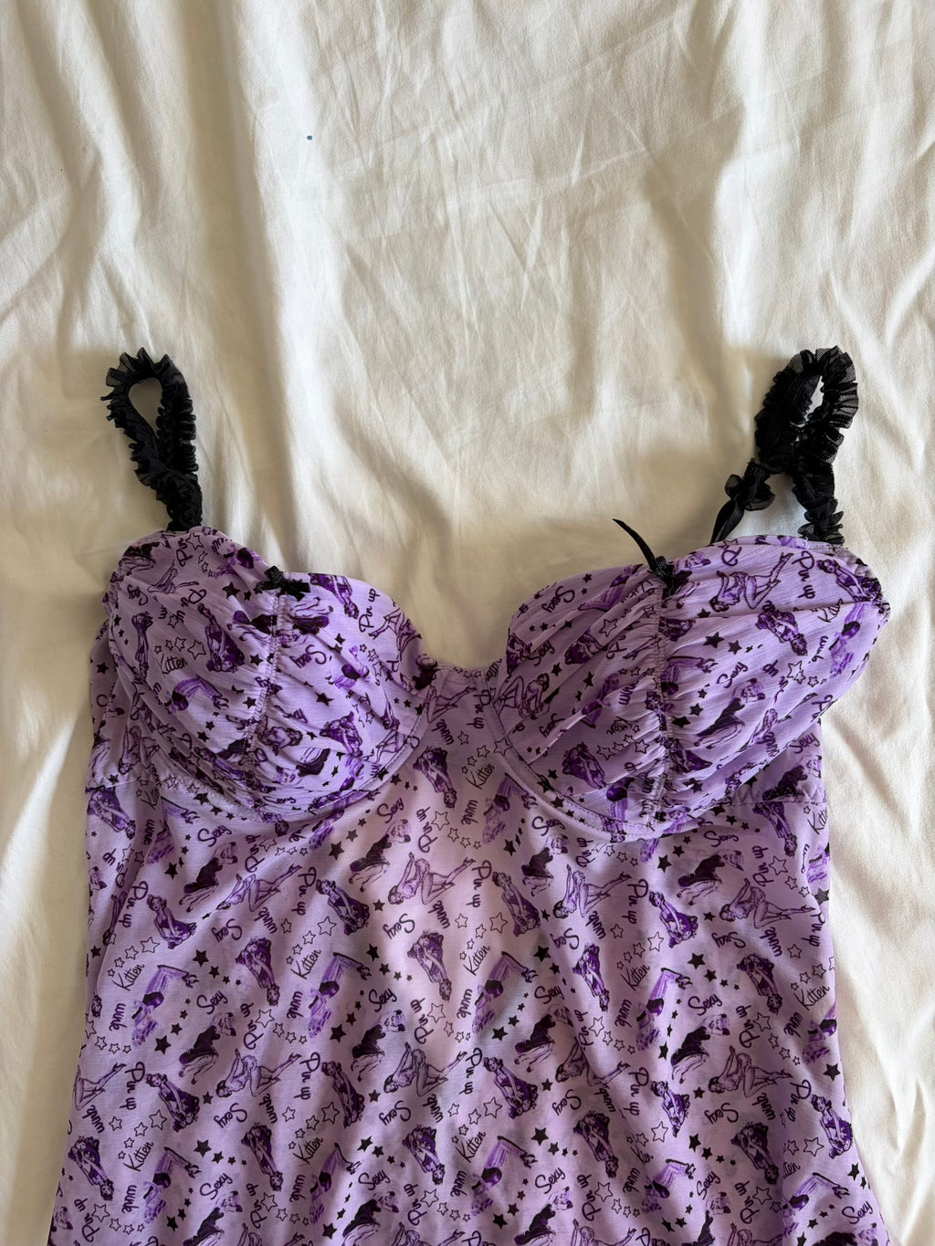 Vintage Y2K Rare Purple Pin Up Graphic Floaty Baby Doll Cami