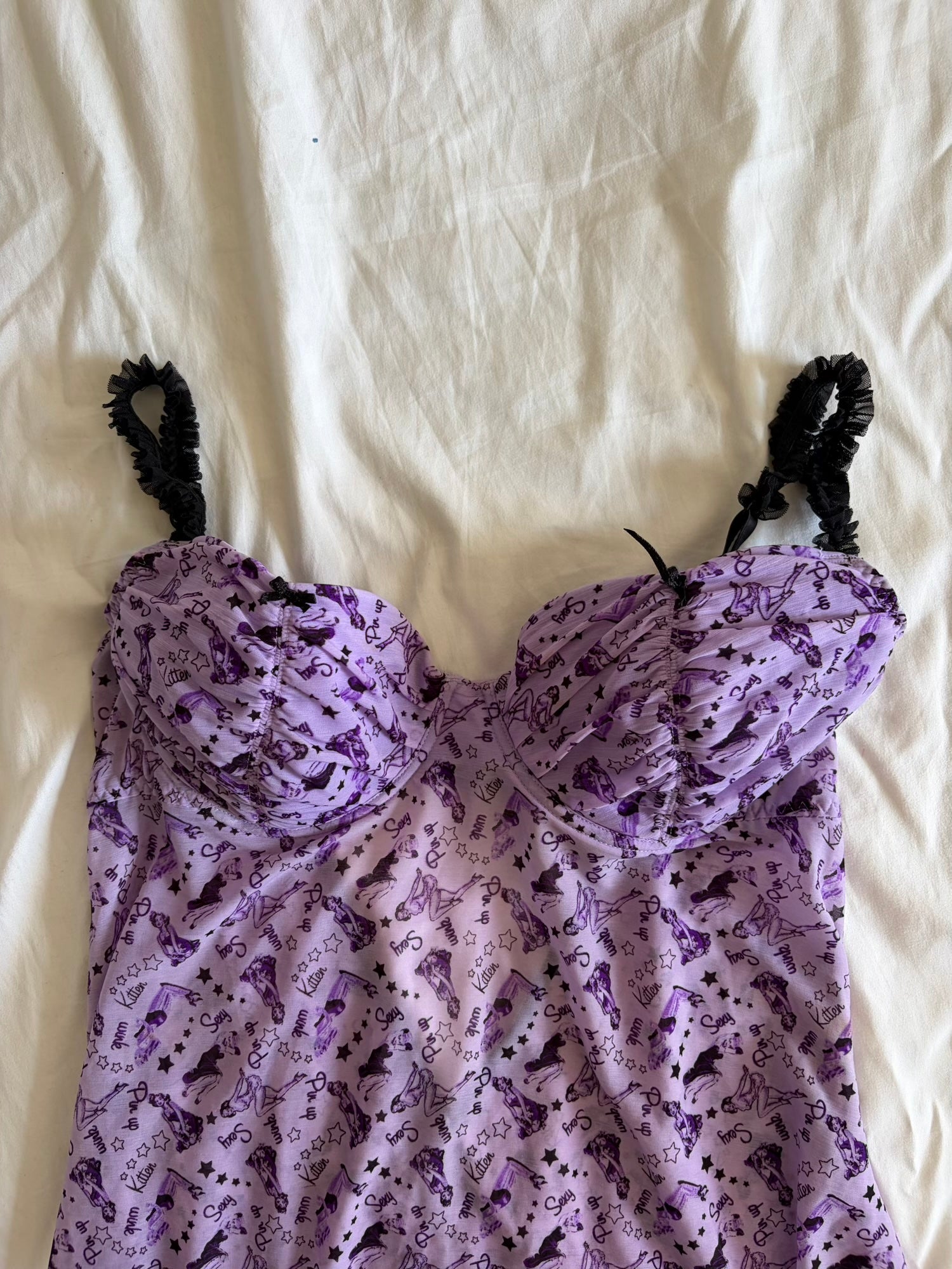 Vintage Y2K Rare Purple Pin Up Graphic Floaty Baby Doll Cami