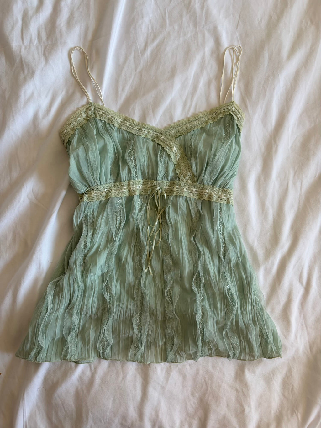 Vintage Y2K mint Japanese cami with lace, ribbon and sequins