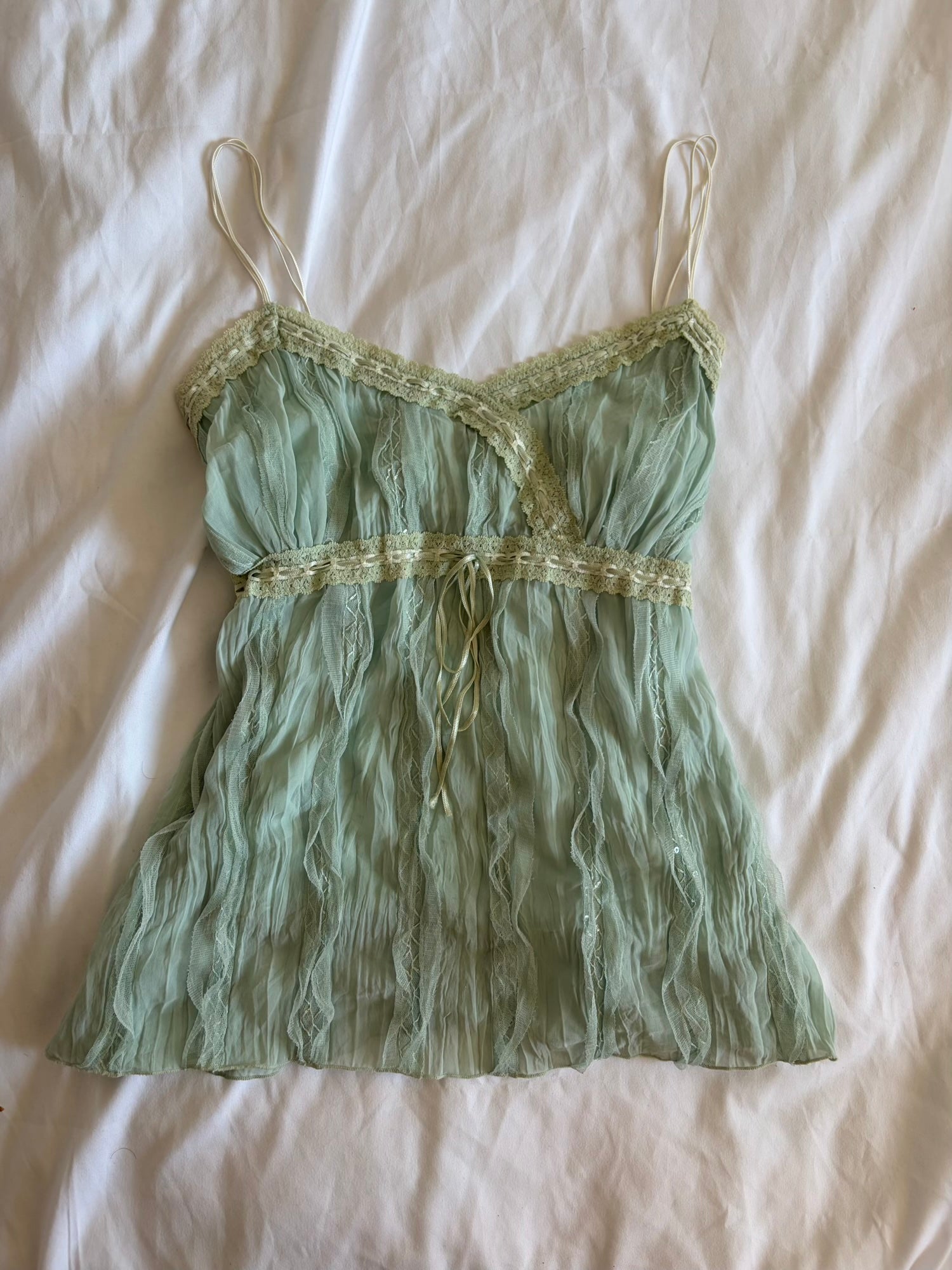 Vintage Y2K mint Japanese cami with lace, ribbon and sequins