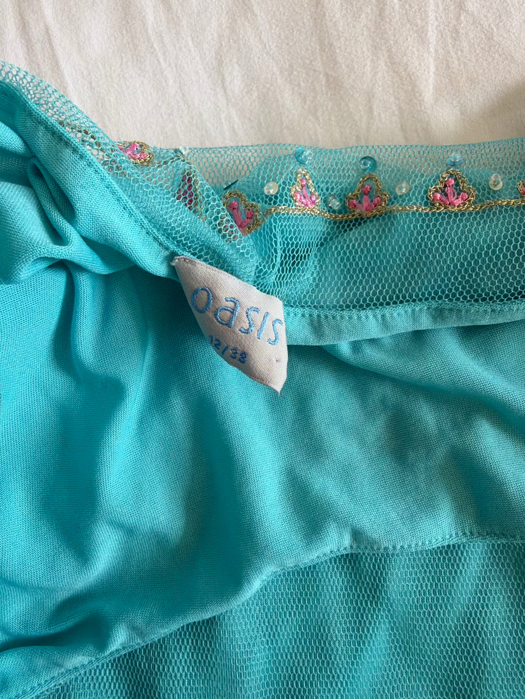 Vintage Y2K Teal Turquoise Mesh Cami Overlay with Embroidery Beads and Sequins
