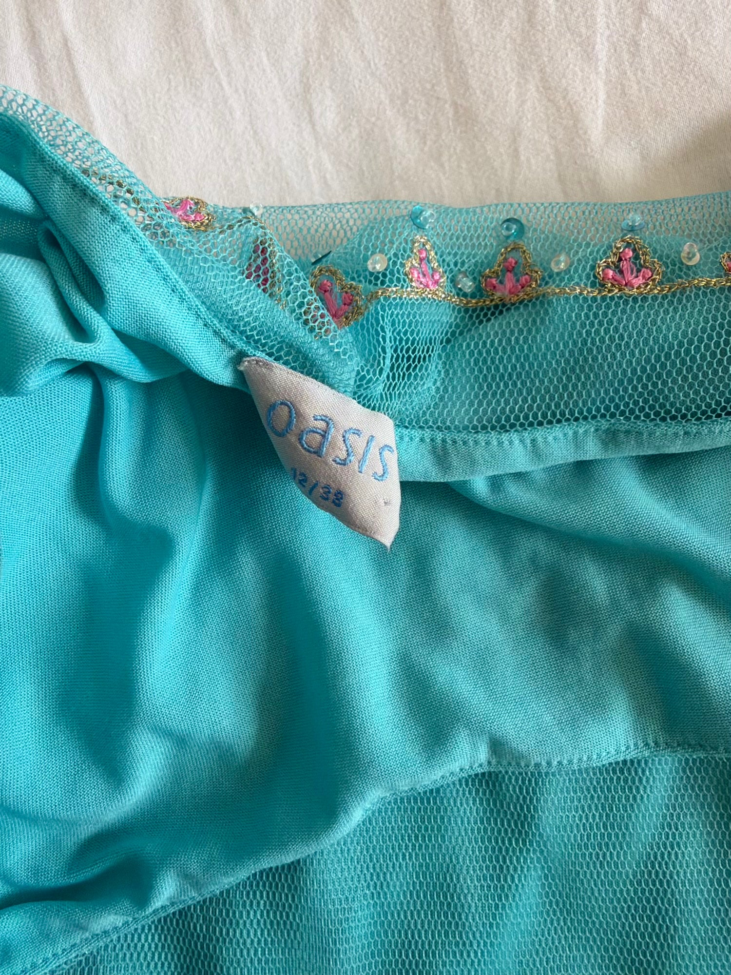 Vintage Y2K Teal Turquoise Mesh Cami Overlay with Embroidery Beads and Sequins