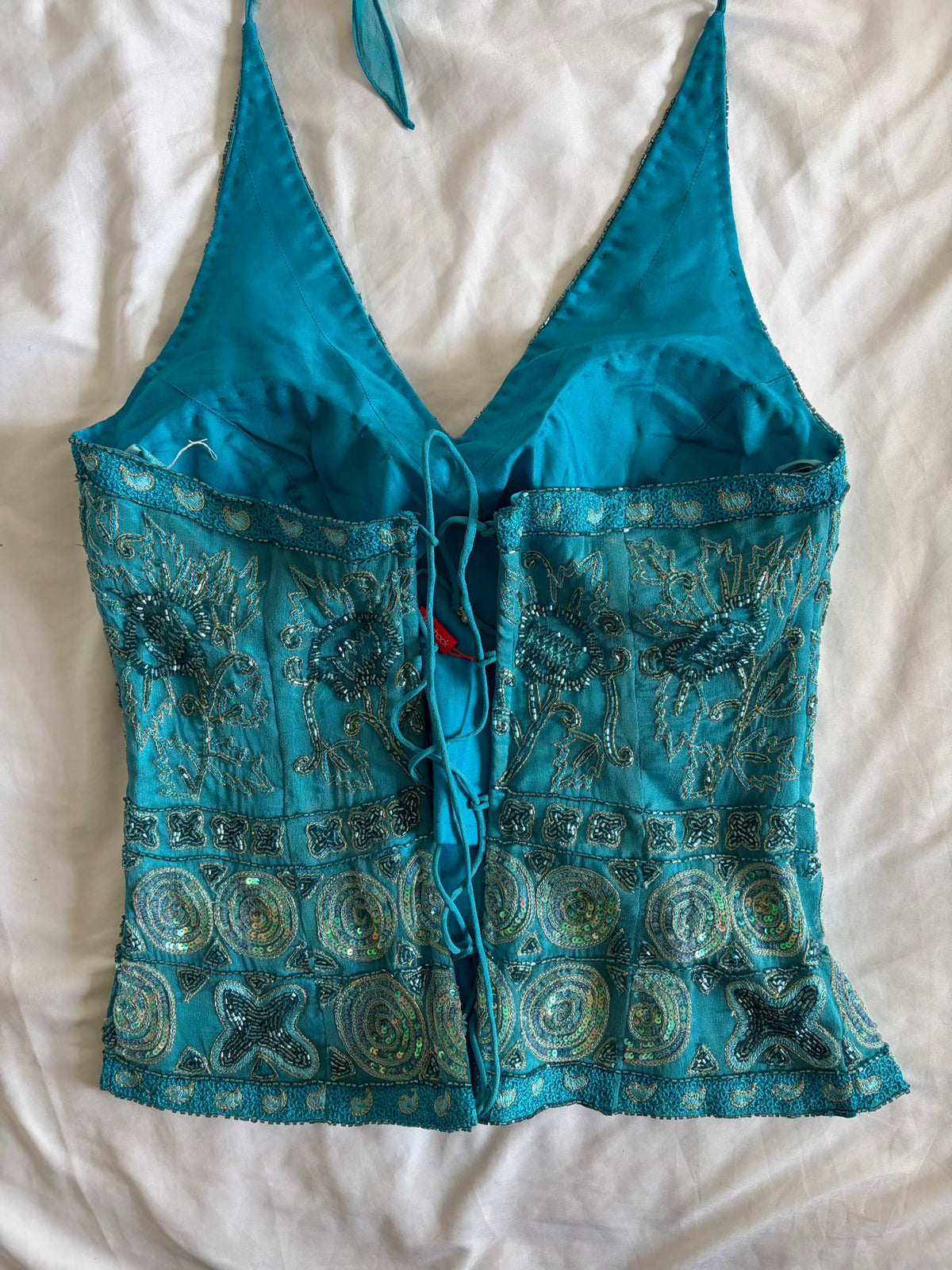 Vintage 2000s Aftershock Silk Cyan Blue Beaded Corset-Style Halter