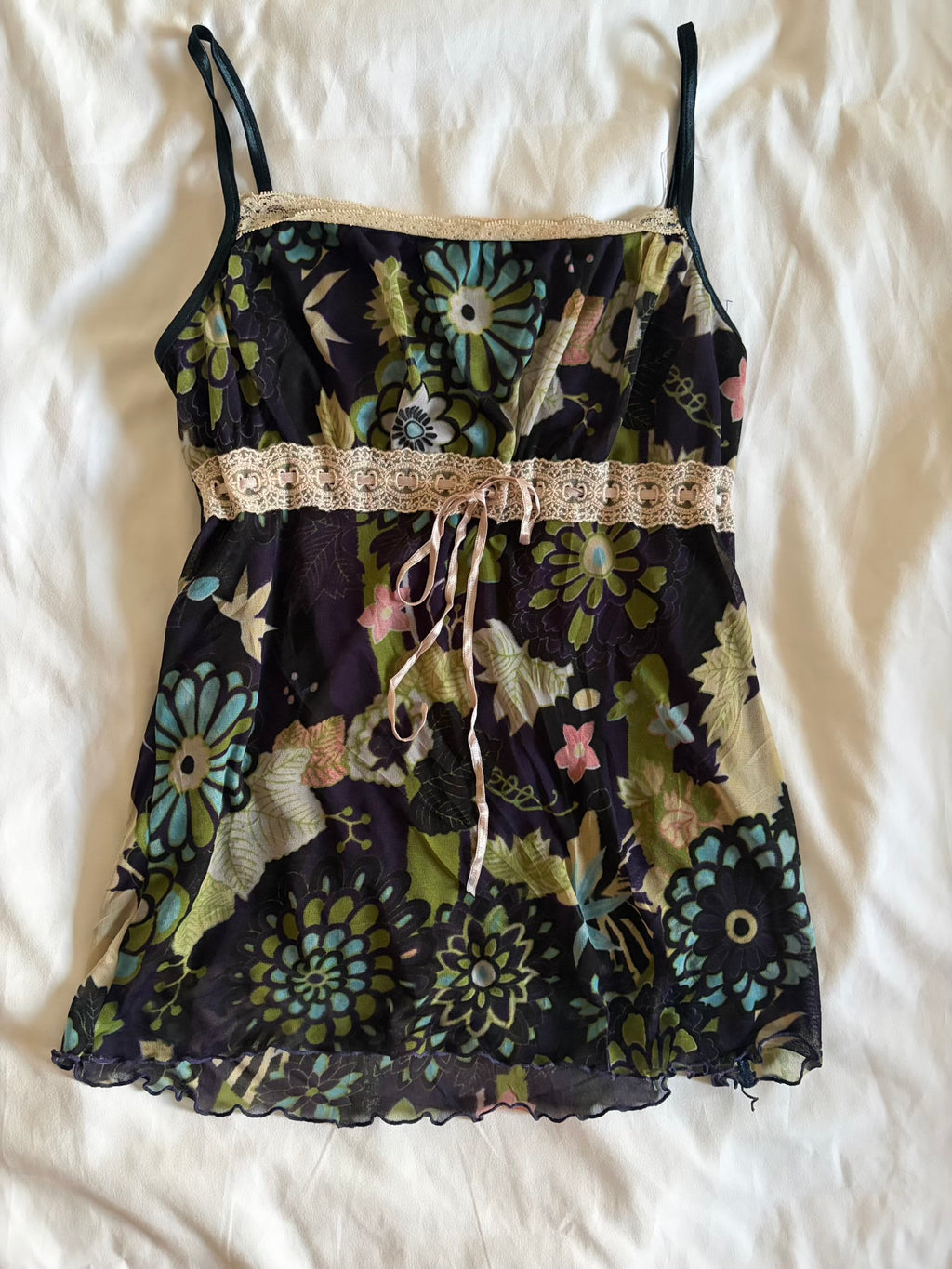 Vintage Y2K Japanese navy floral mesh overlay cami with ribbon bust detail