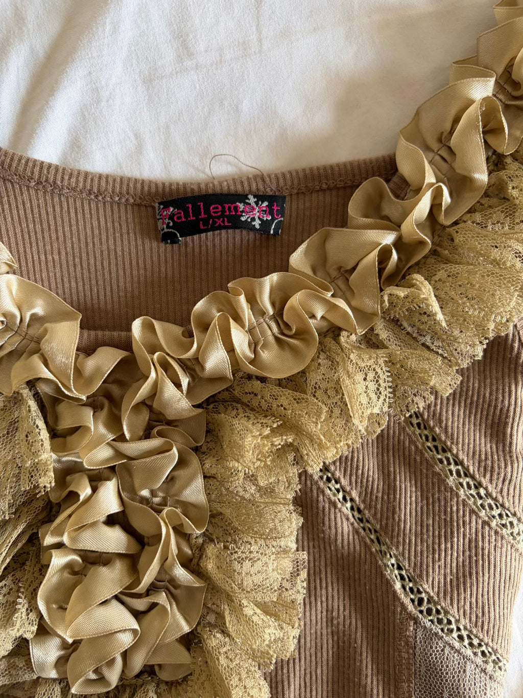 Vintage Y2K Beige Mini Dress with Mesh Polka Dot Hem and Ribbon