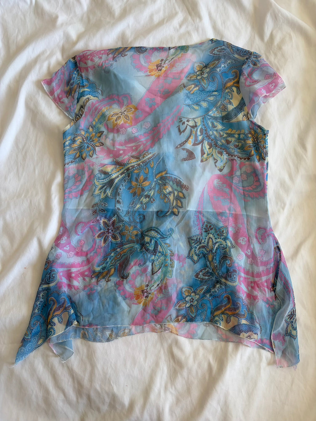 Vintage Y2K blue butterfly paisley short sleeve handkerchief hem top with sequins