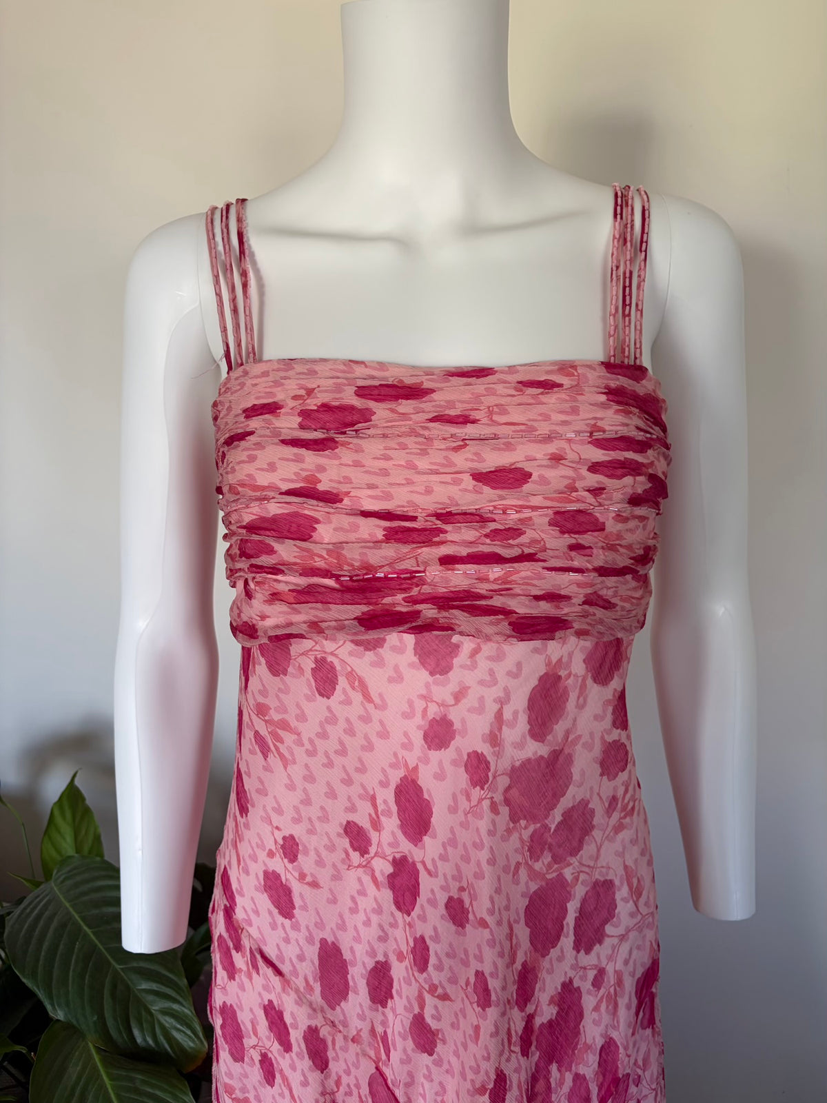 Vintage 2000s Silk Pink Floral Beaded Fairy Dress, Size 8-10