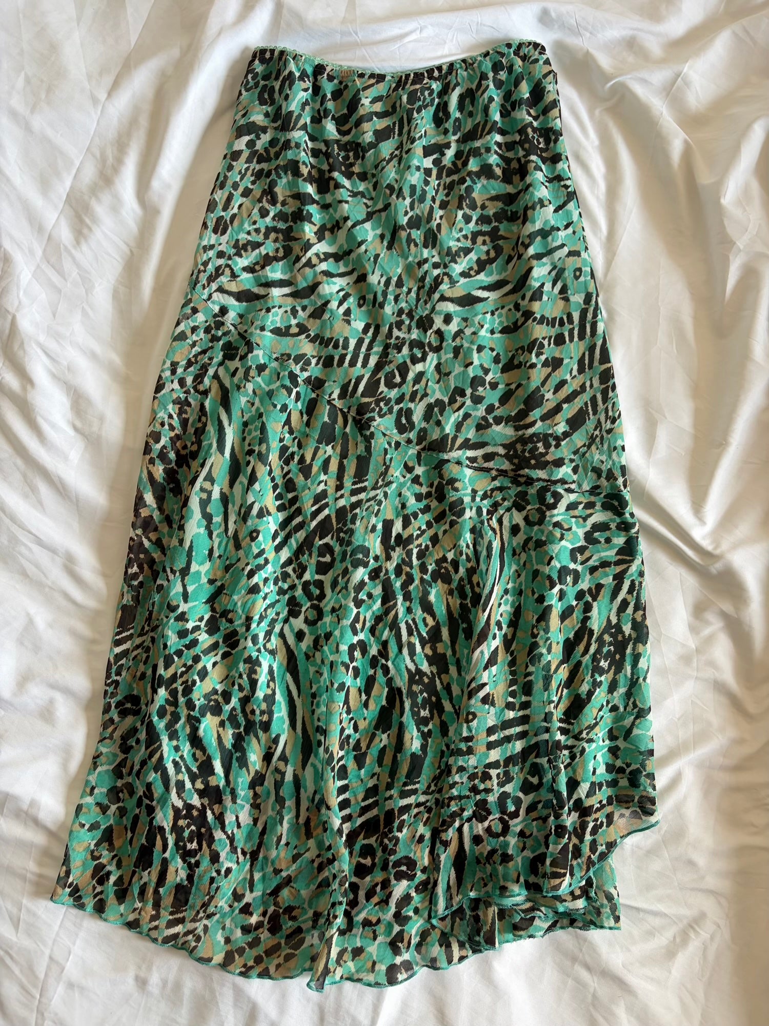 Vintage 1990s Turquoise Leopard Mermaid Hem Skirt with Champagne Contrast