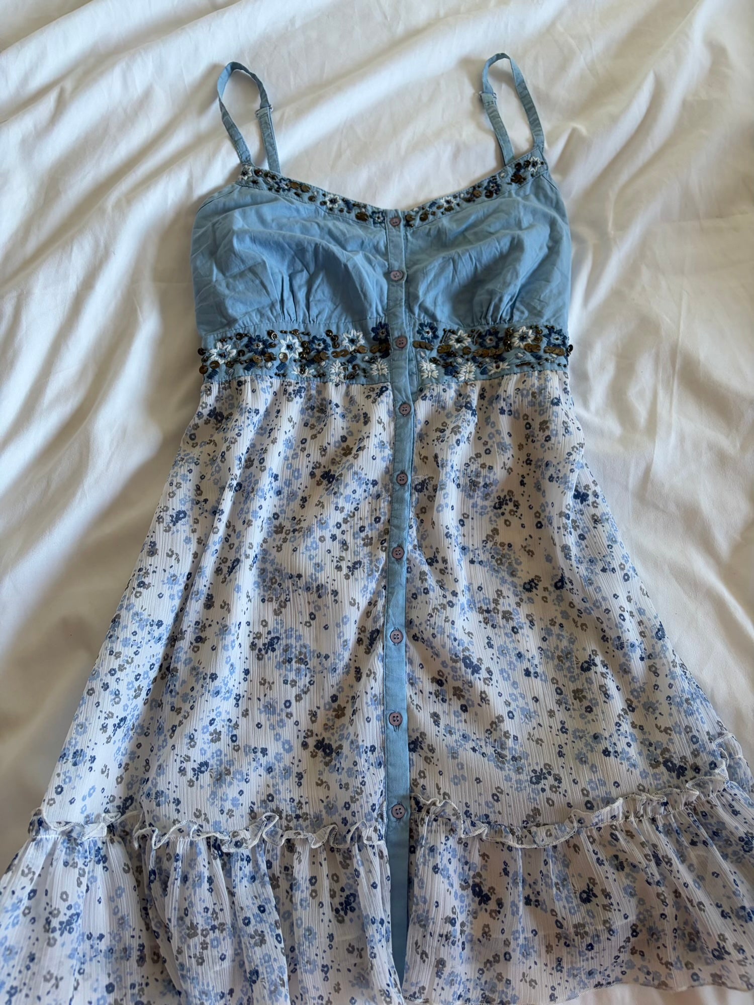 Vintage Y2K blue floral babydoll mini dress with embellishment and ruffle hem