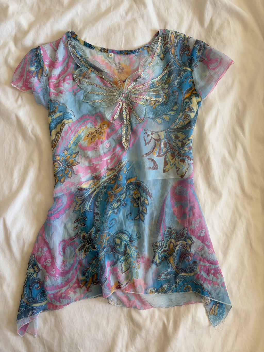 Vintage Y2K blue butterfly paisley short sleeve handkerchief hem top with sequins