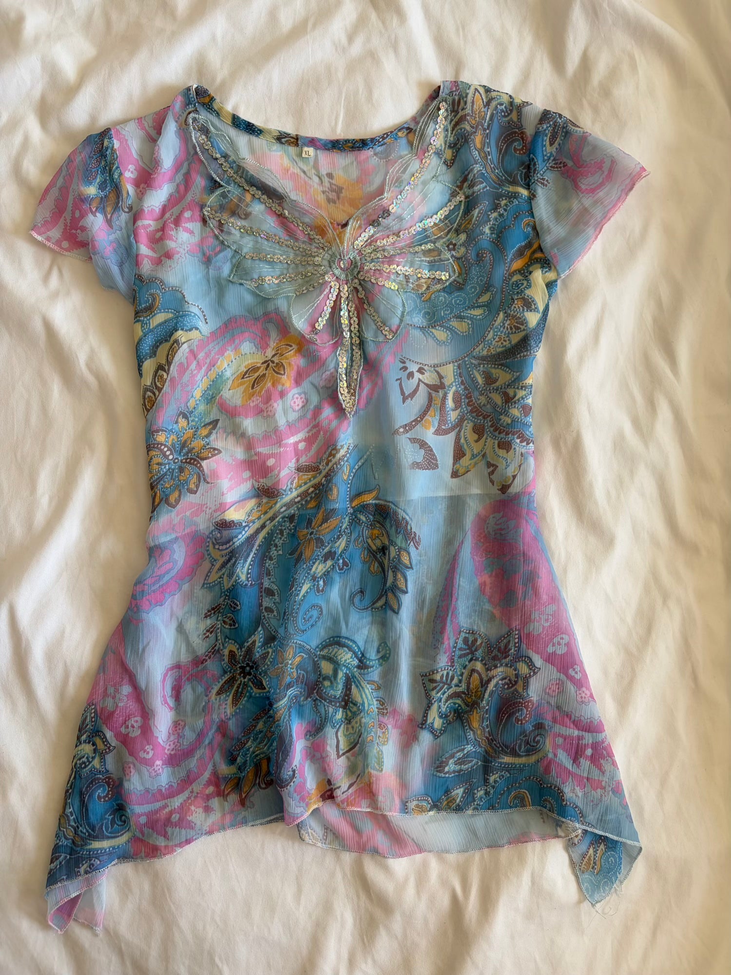 Vintage Y2K blue butterfly paisley short sleeve handkerchief hem top with sequins