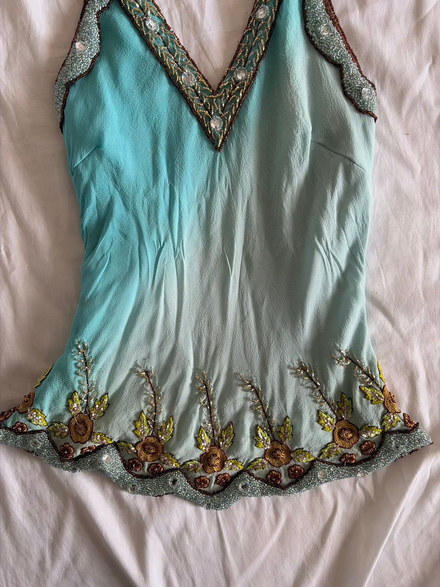 Vintage Y2K Aftershock Silk Ombre Turquoise Sequin and Beaded Top