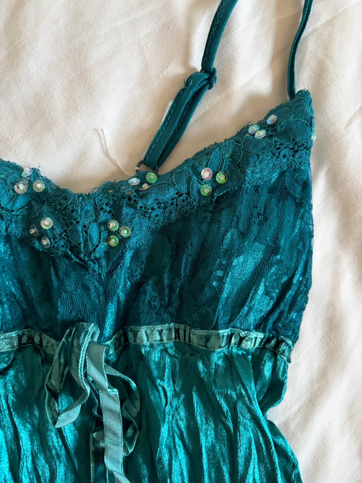 Vintage 2000s Teal Velvet Cami with Sequins, Beads and Ribbon Detail