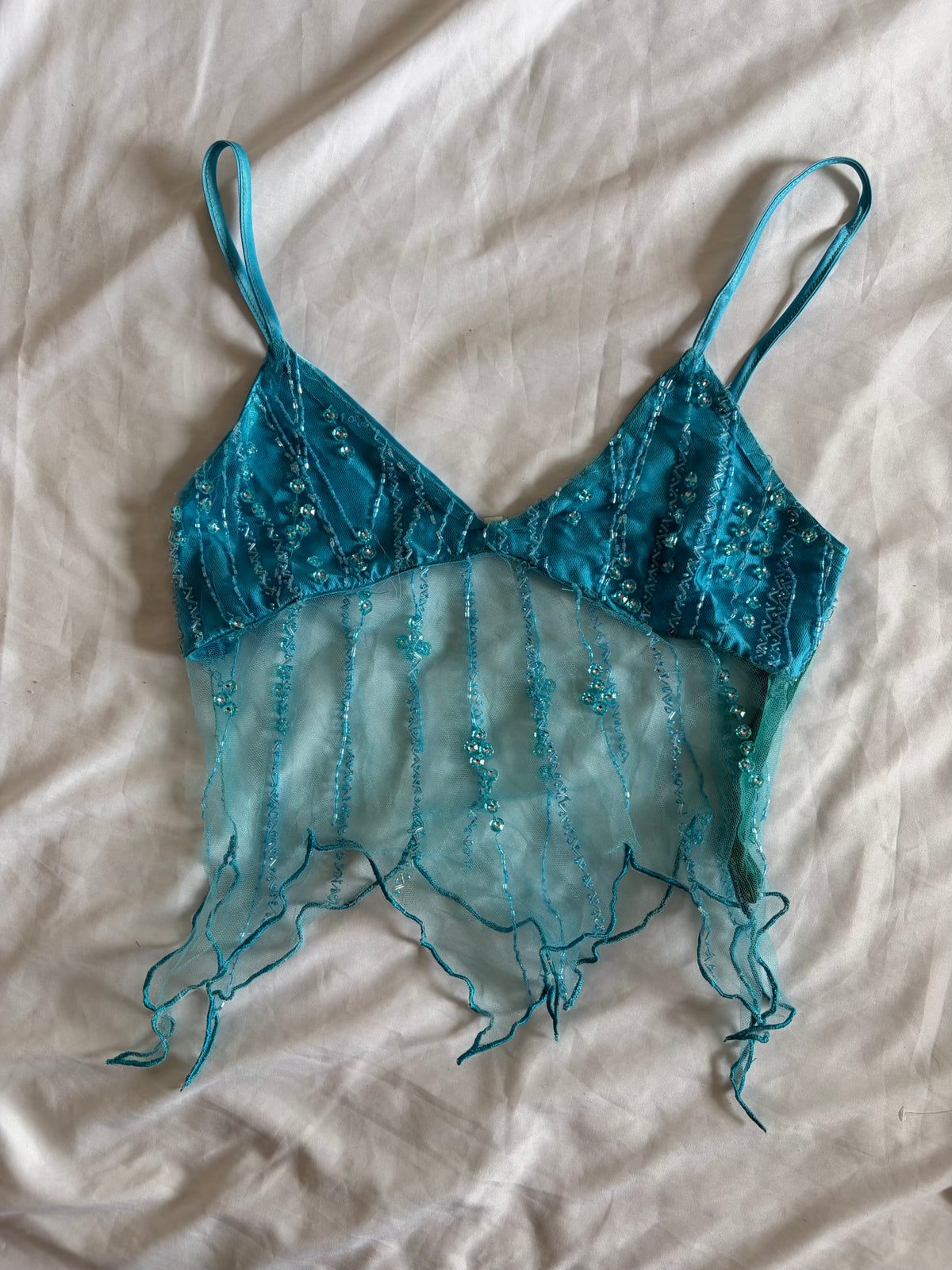 Handmade Handkerchief Hem Turquoise Cami with Beads and Sequins