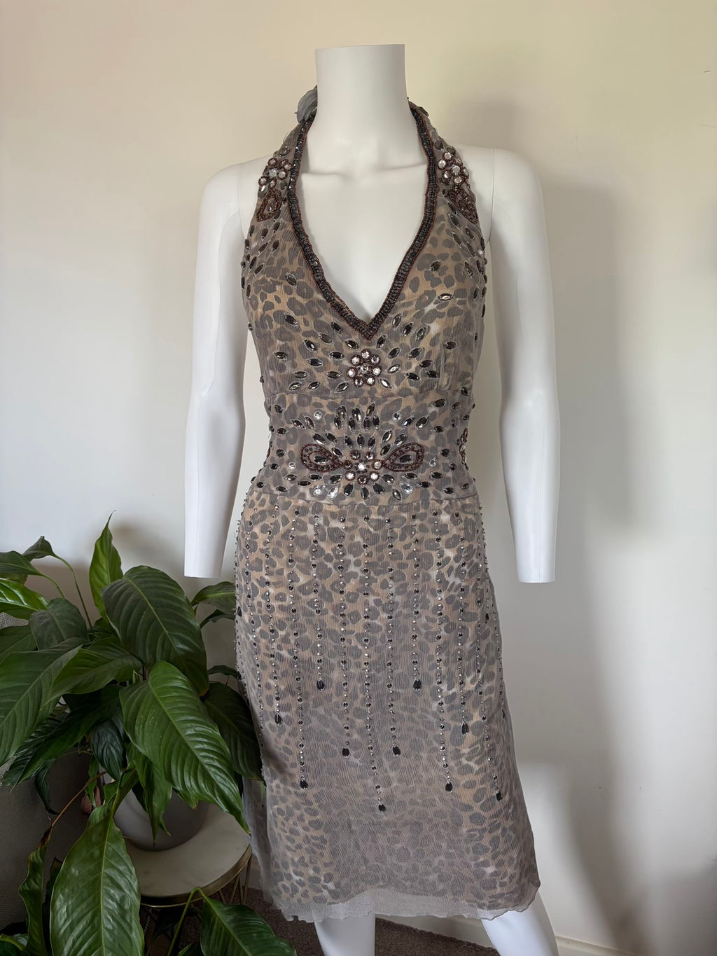 Vintage Aftershock Silk Leopard Bejewelled Halterneck Dress