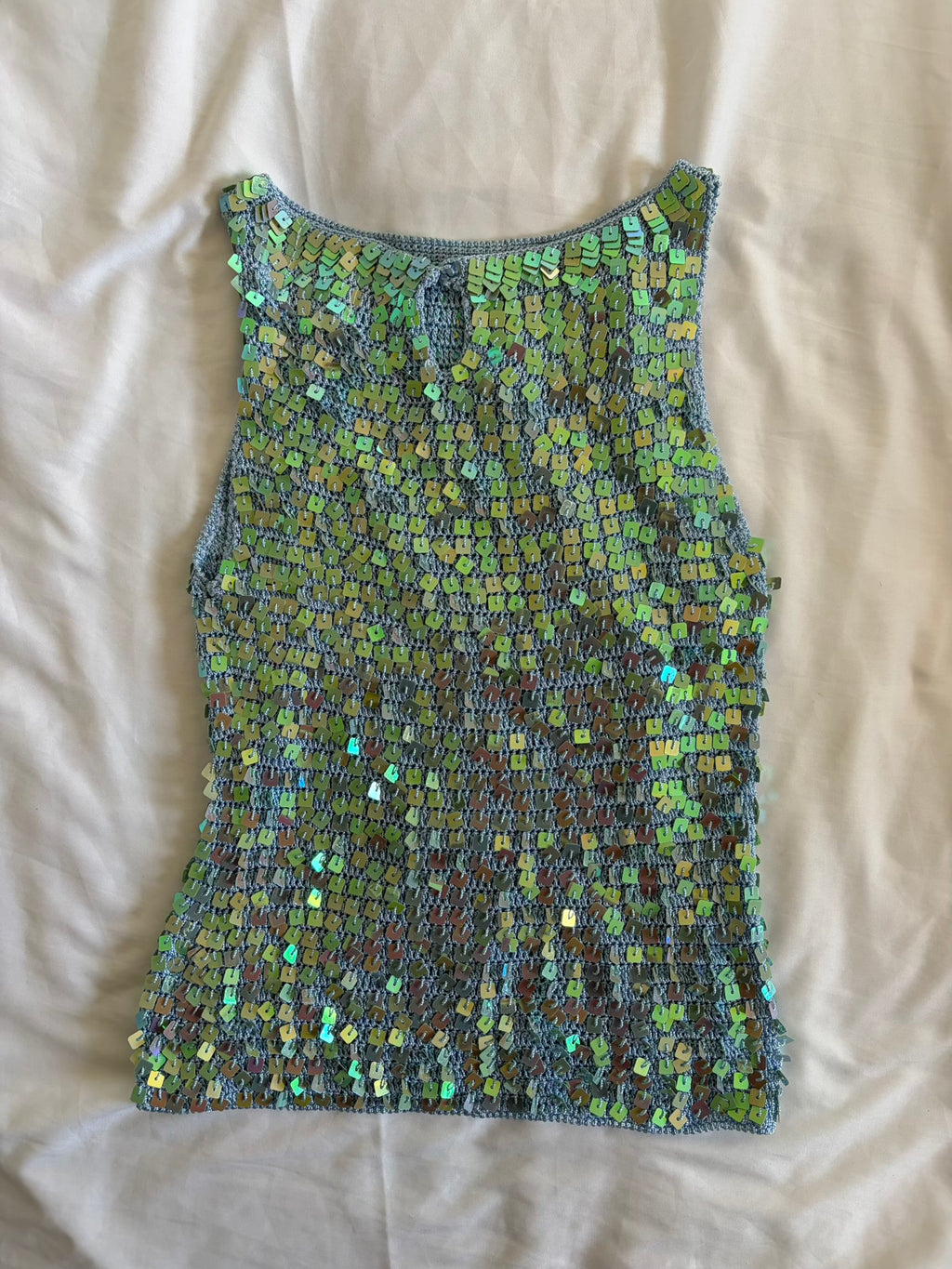Vintage 1990s Boatneck Turquoise Crochet Sequin Top